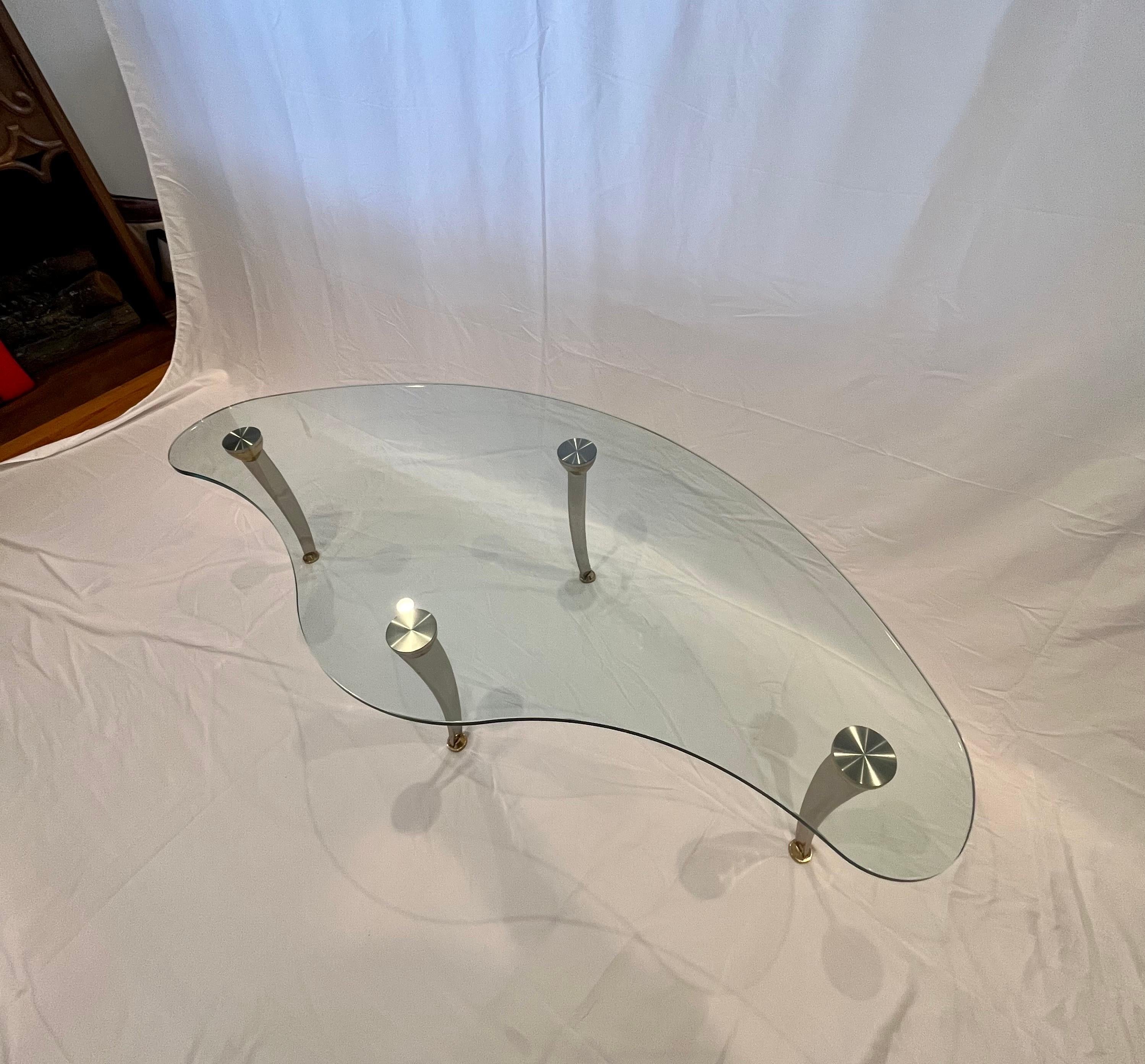 Modern Biomorphic Glass Coffee Table Chrome and Brass Sculptural Legs For Sale 6