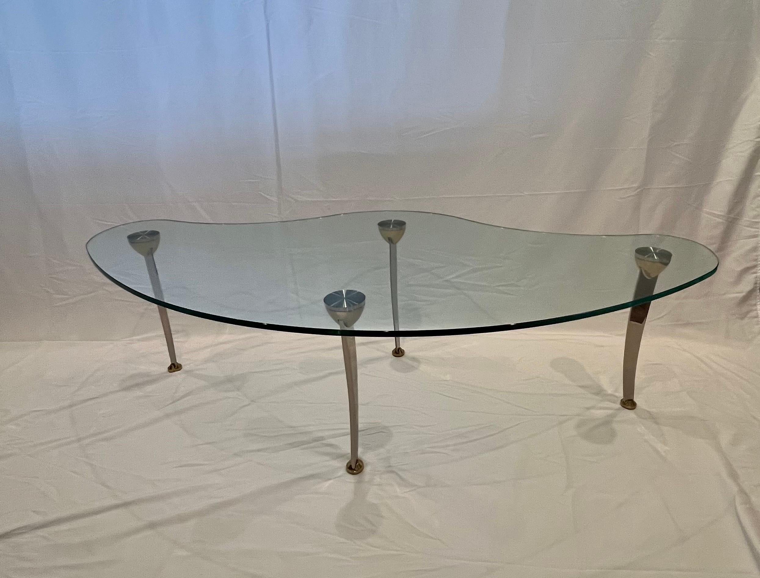 Modern Biomorphic Glass Coffee Table Chrome and Brass Sculptural Legs For Sale 9