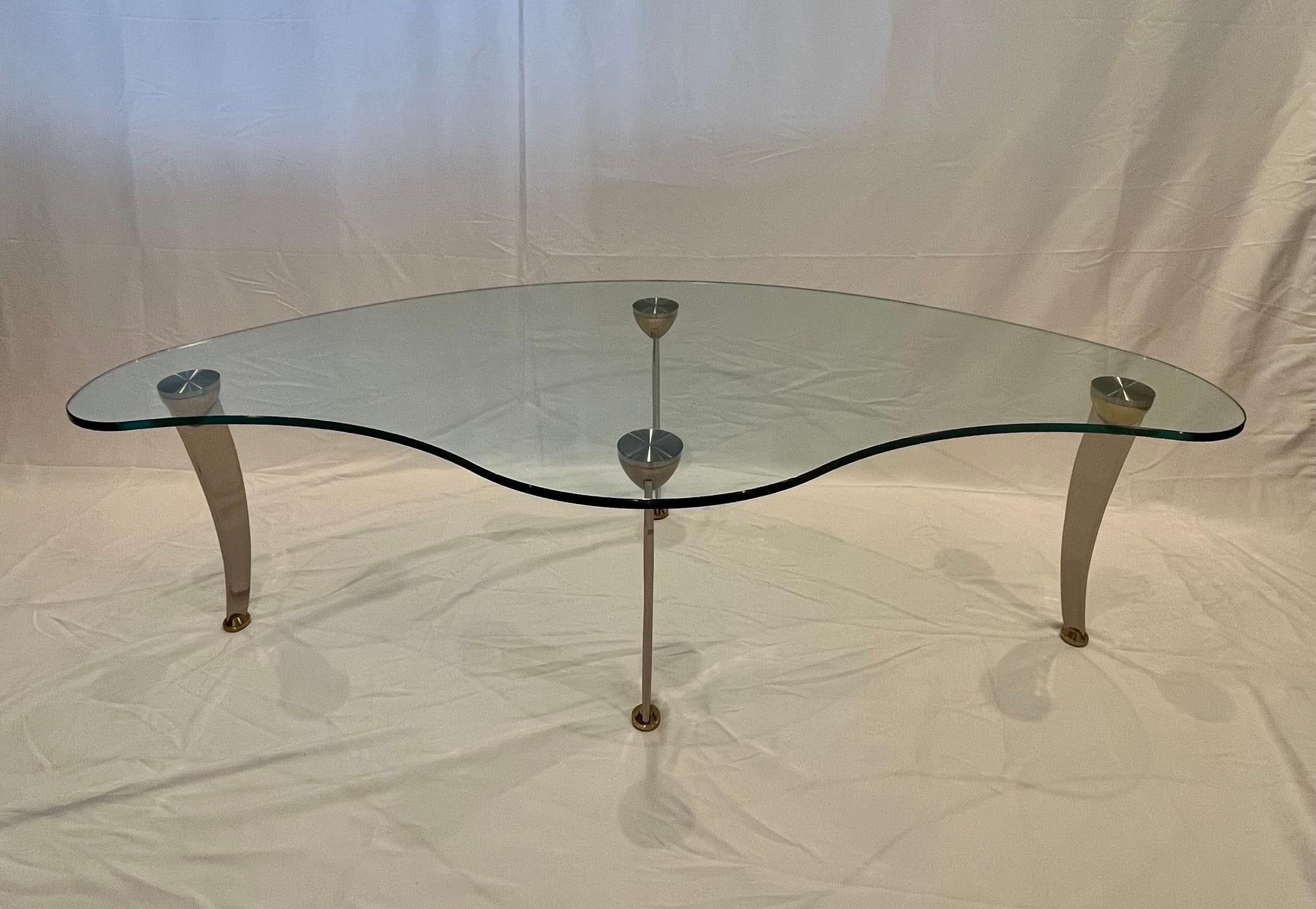 Unknown Modern Biomorphic Glass Coffee Table Chrome and Brass Sculptural Legs For Sale