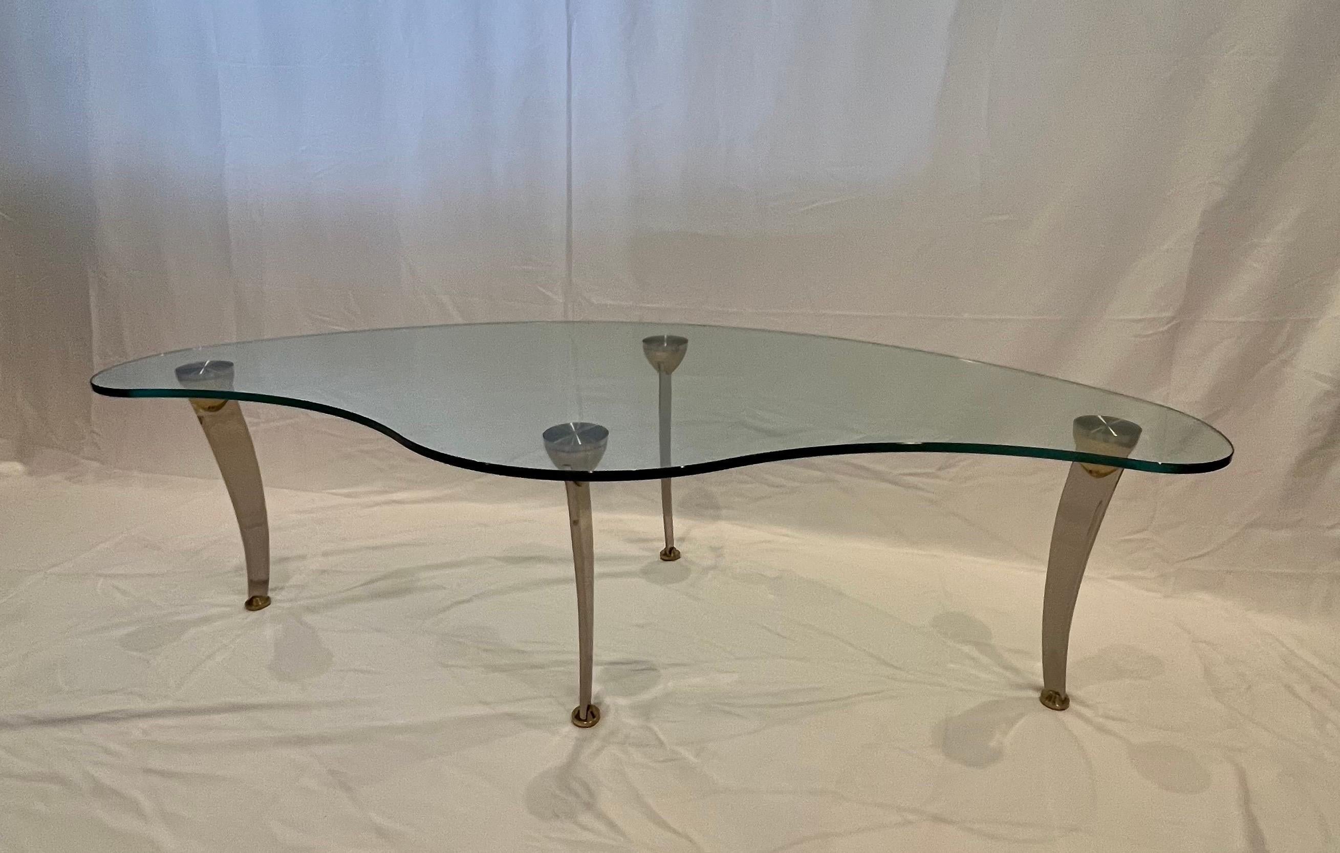 Modern Biomorphic Glass Coffee Table Chrome and Brass Sculptural Legs In Good Condition For Sale In W Allenhurst, NJ