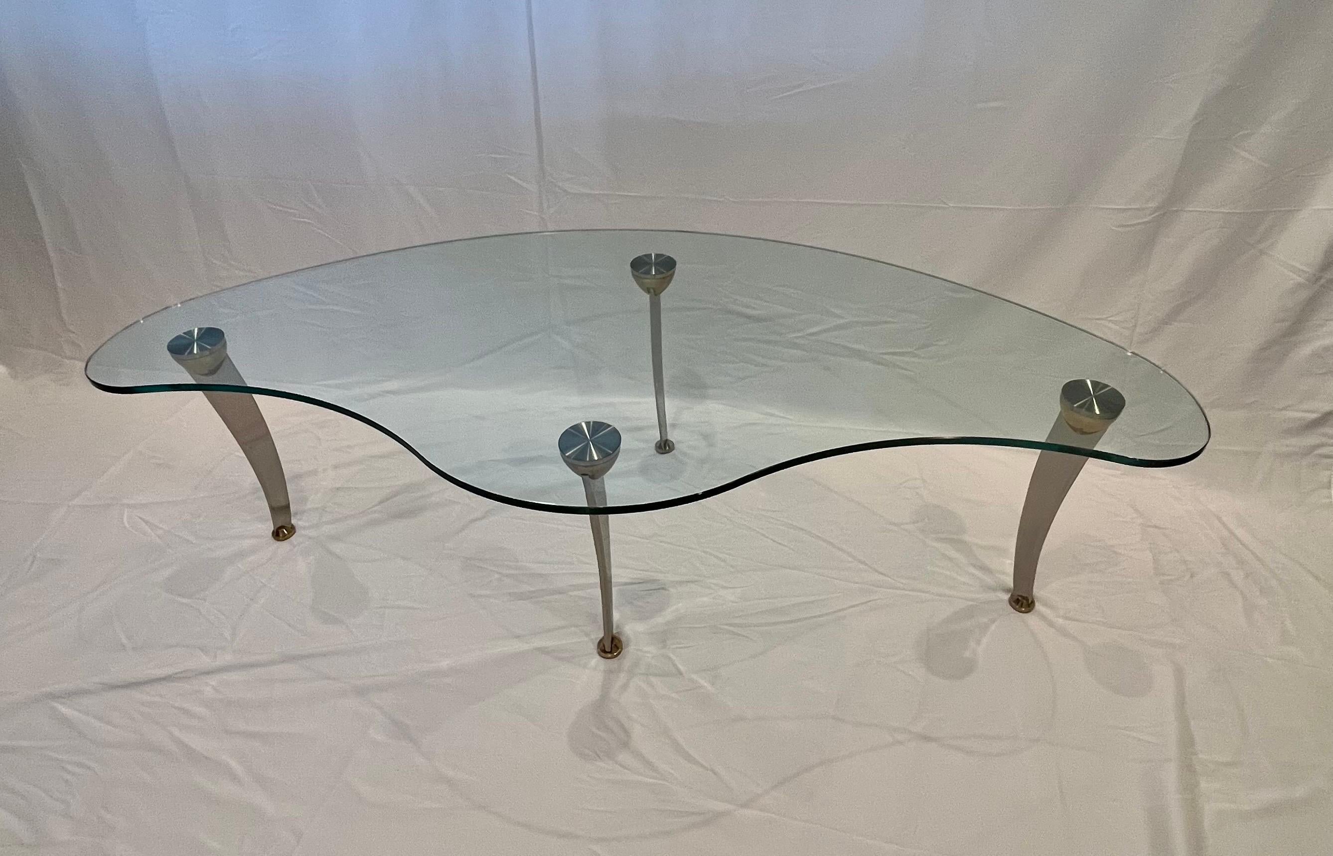 20th Century Modern Biomorphic Glass Coffee Table Chrome and Brass Sculptural Legs For Sale