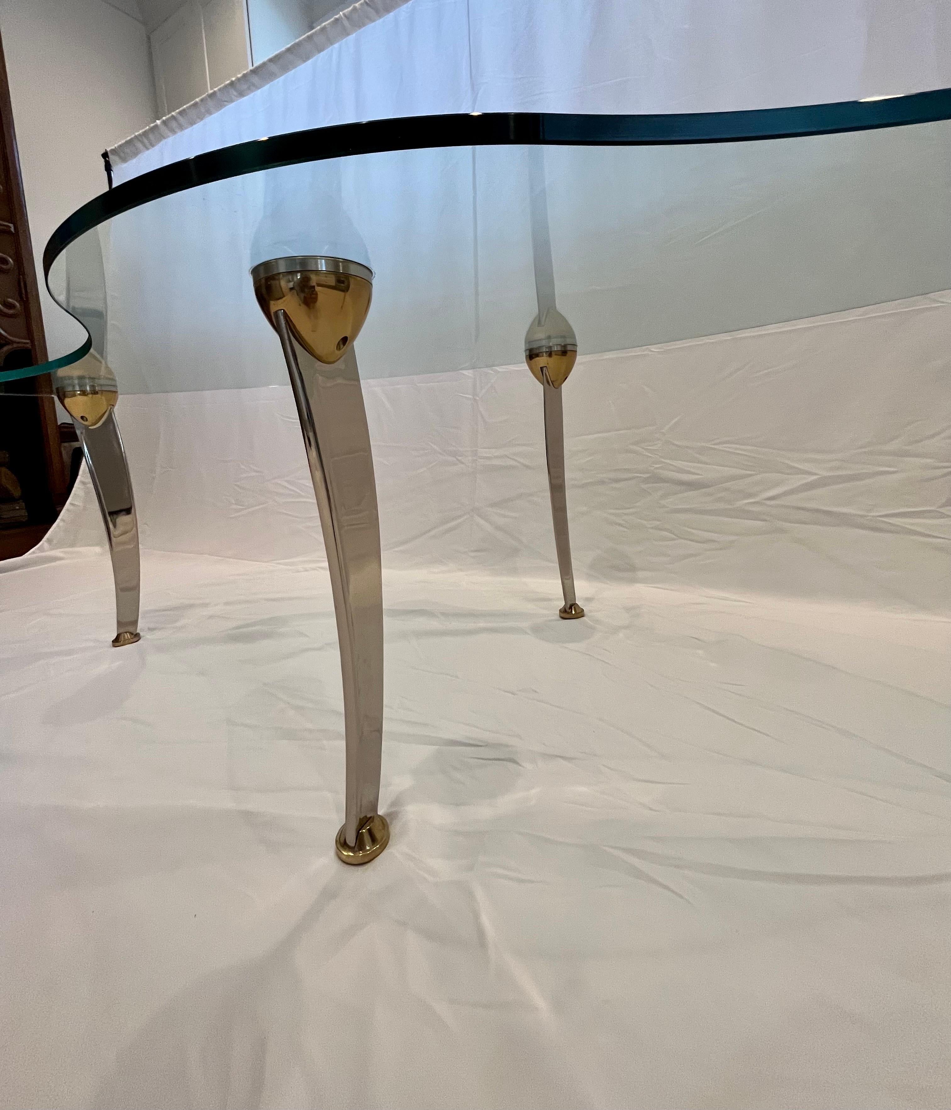 Modern Biomorphic Glass Coffee Table Chrome and Brass Sculptural Legs For Sale 1
