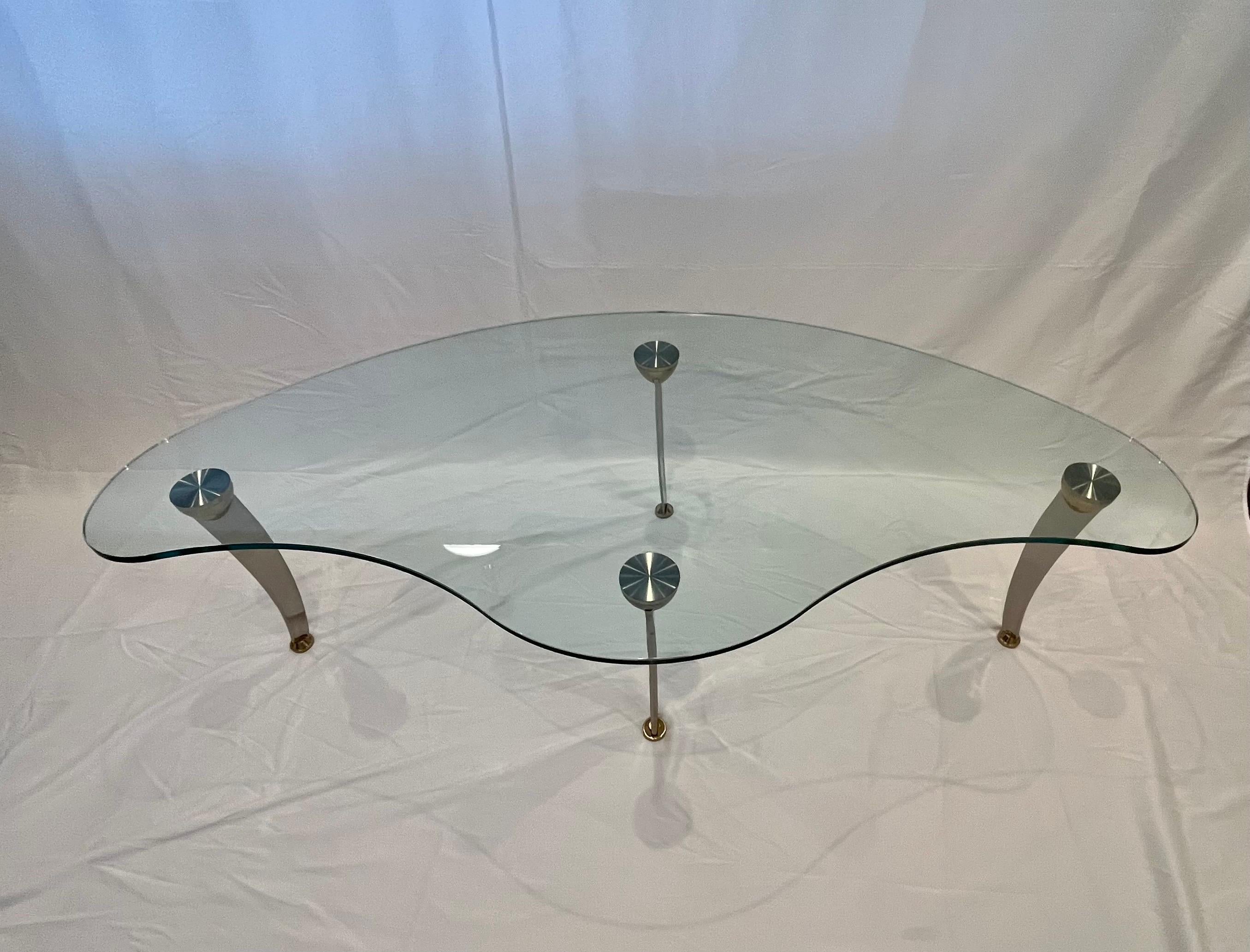 Modern Biomorphic Glass Coffee Table Chrome and Brass Sculptural Legs For Sale 4