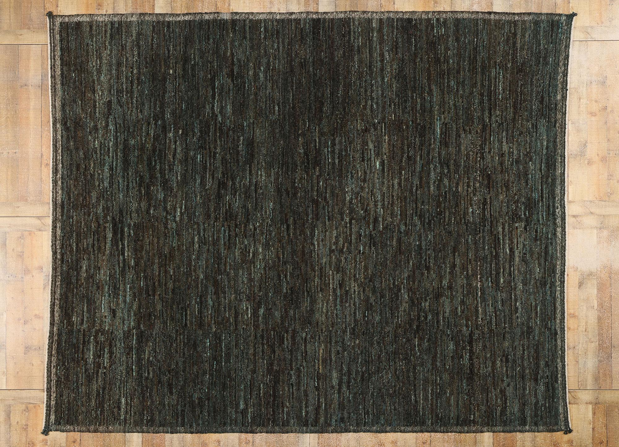 81059 Modern Biophilic Moroccan Area Rug, 09'09 x 11'11. In the mysterious depths of design, where shadows dance and whispers linger, Biophilia intertwines with the enigmatic allure of Japandi style and the serene whispers of Zen principles. Within
