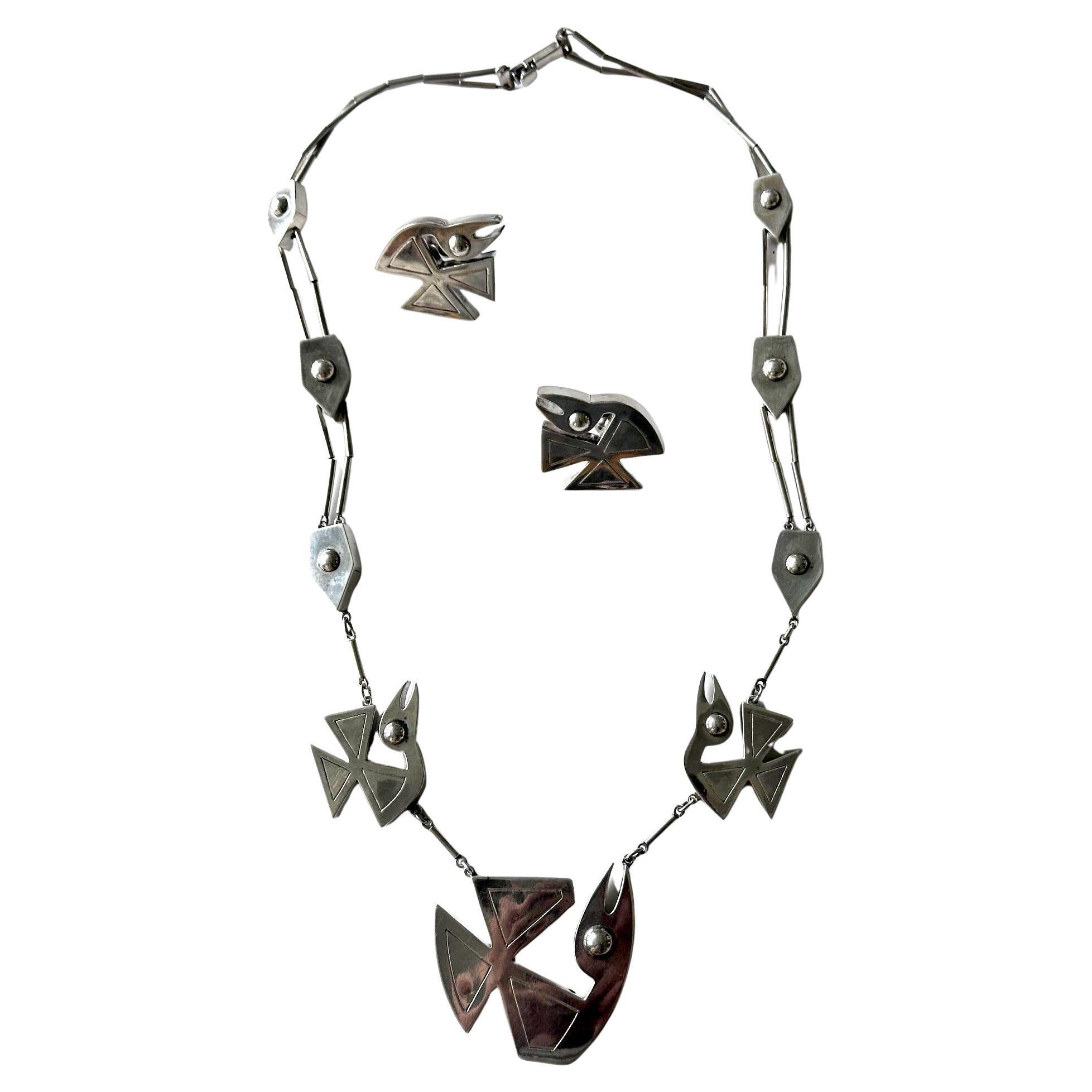 Modern Bird Motif Sterling Silver Necklace and Earrings Set Graziella Laffi