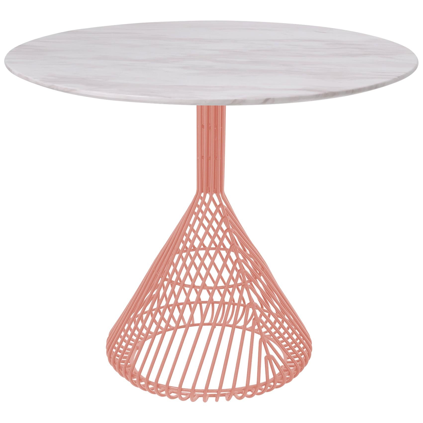 Modern Bistro Table, Wire Dining Table in Peachy Pink with White Marble Top