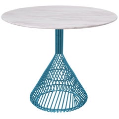 Modern Bistro Table, Wire Dining Table in Peacock Blue with White Marble Top