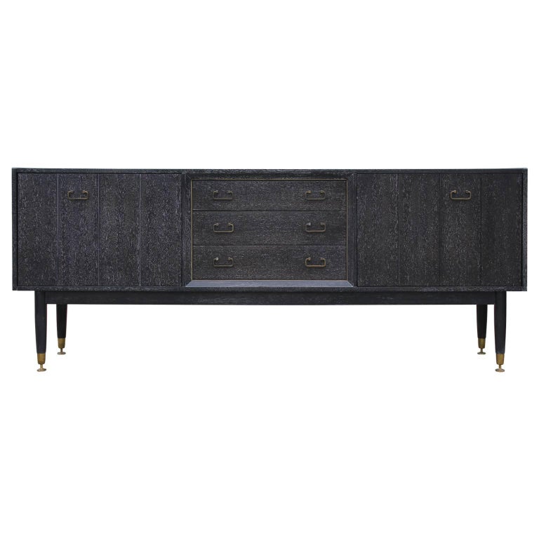 Modern Black and White Cerused Credenza with Brass Hardware in the Style of Baker at 1stDibs