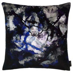 Modern Black and Blue Painterly Cotton Velvet Cushion by 17 Patterns