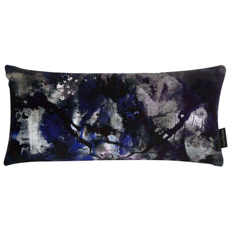 Modern Black and Blue Painterly Cotton Velvet Lumbar Cushion by 17 Patterns For Sale