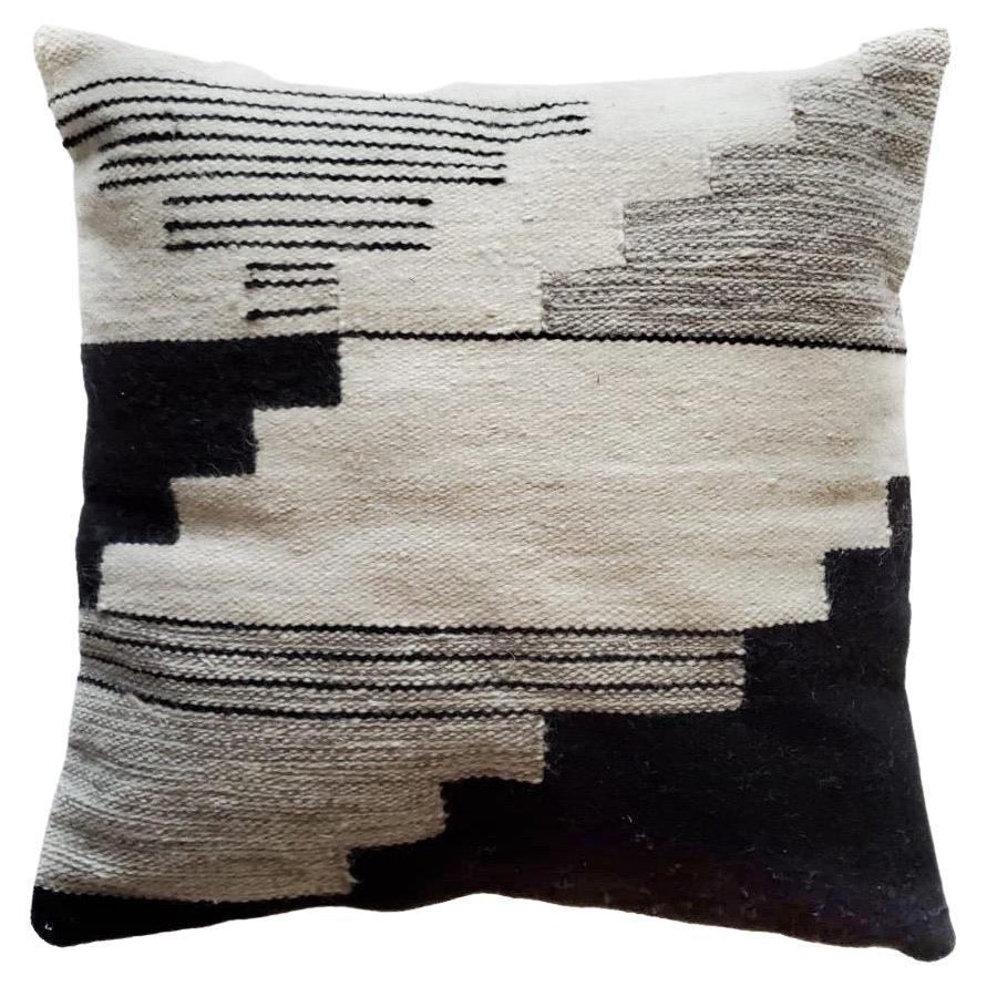 Modern Black and Cream Handwoven Wool Decorative Throw Pillow Cover  For Sale