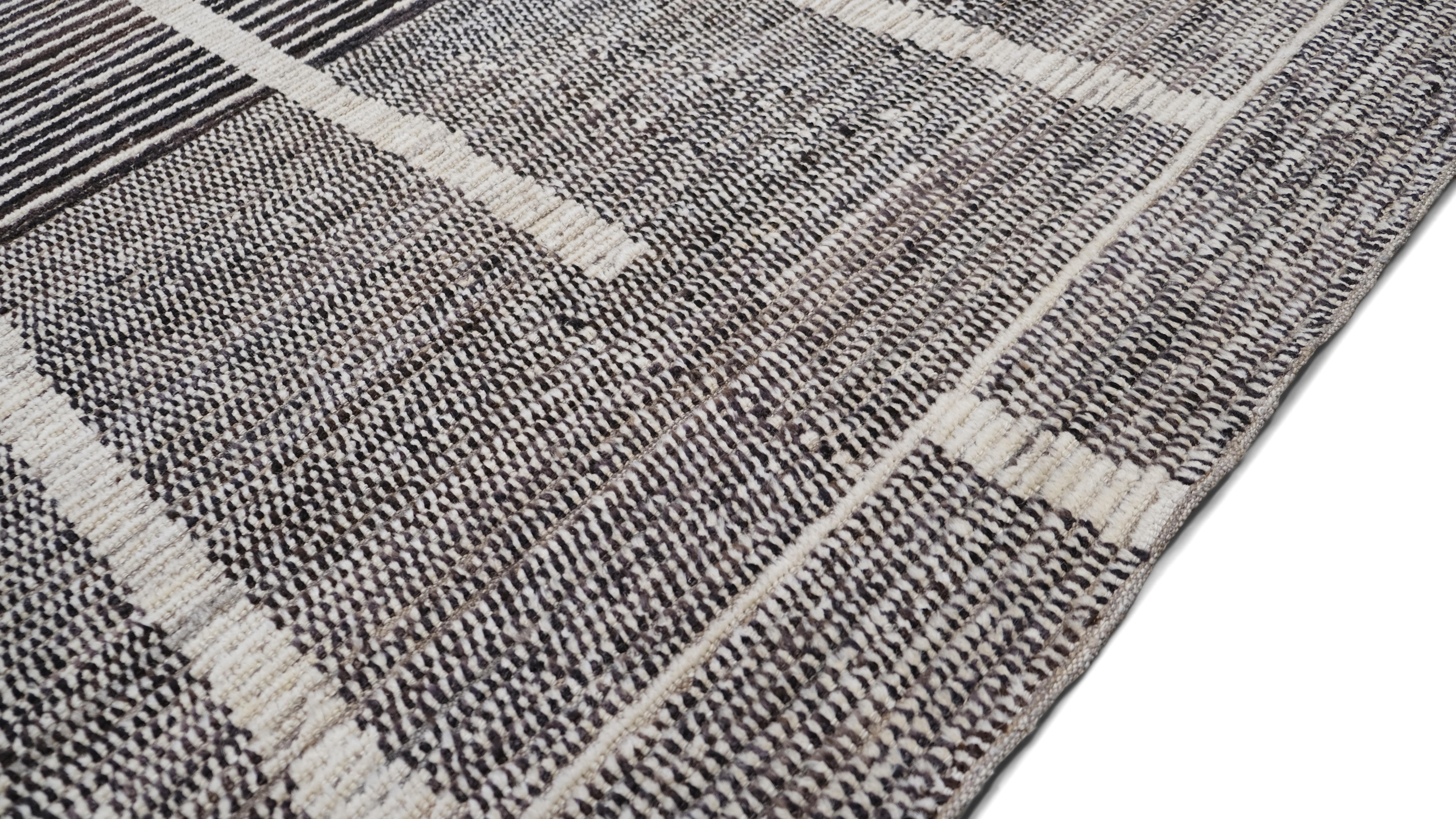 Negro moderno y marfil  Alfombra de lana con motivos geométricos lineales 9'7''x11'9'' Moderno en venta