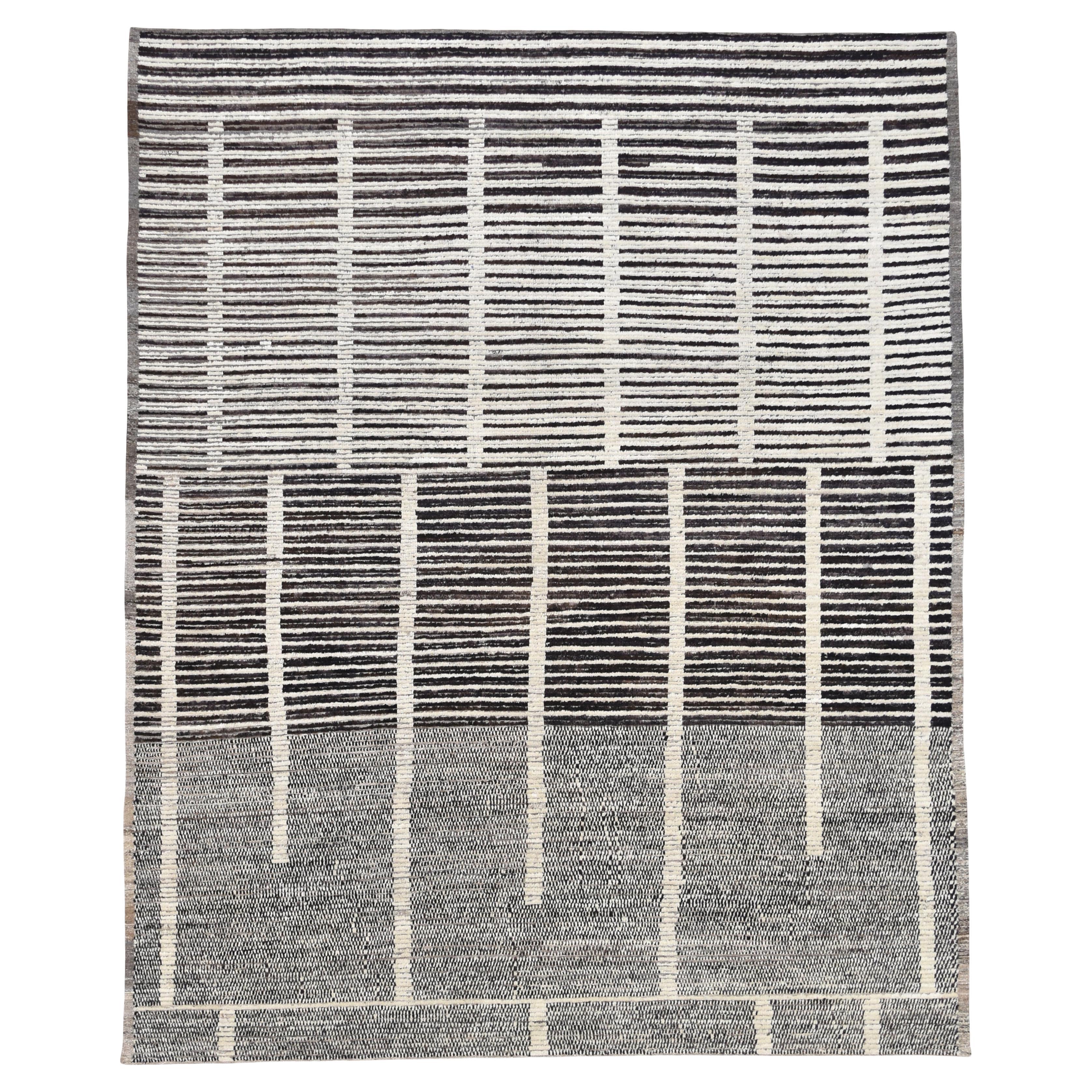 Negro moderno y marfil  Alfombra de lana con motivos geométricos lineales 9'7''x11'9'' en venta