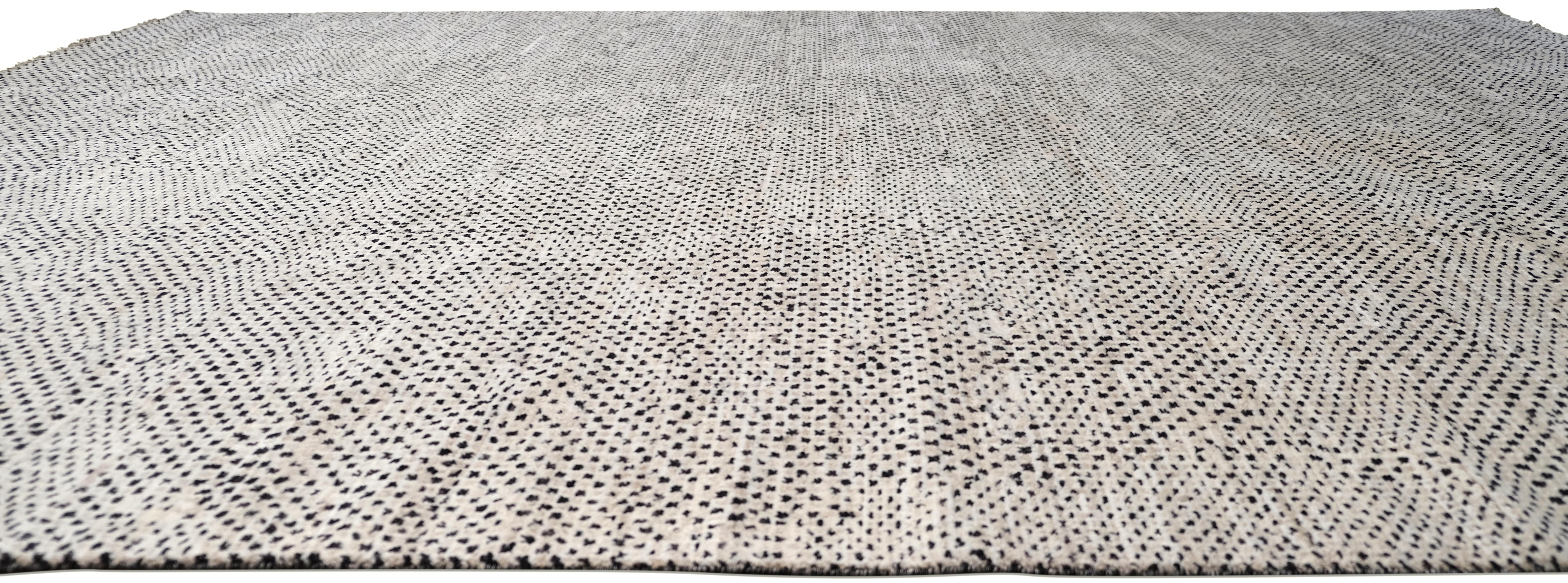 Moderner schwarzer und elfenbeinfarbener einfacher abstrakter gemusterter Wollteppich 8'8''x11'10'' (Pakistanisch) im Angebot