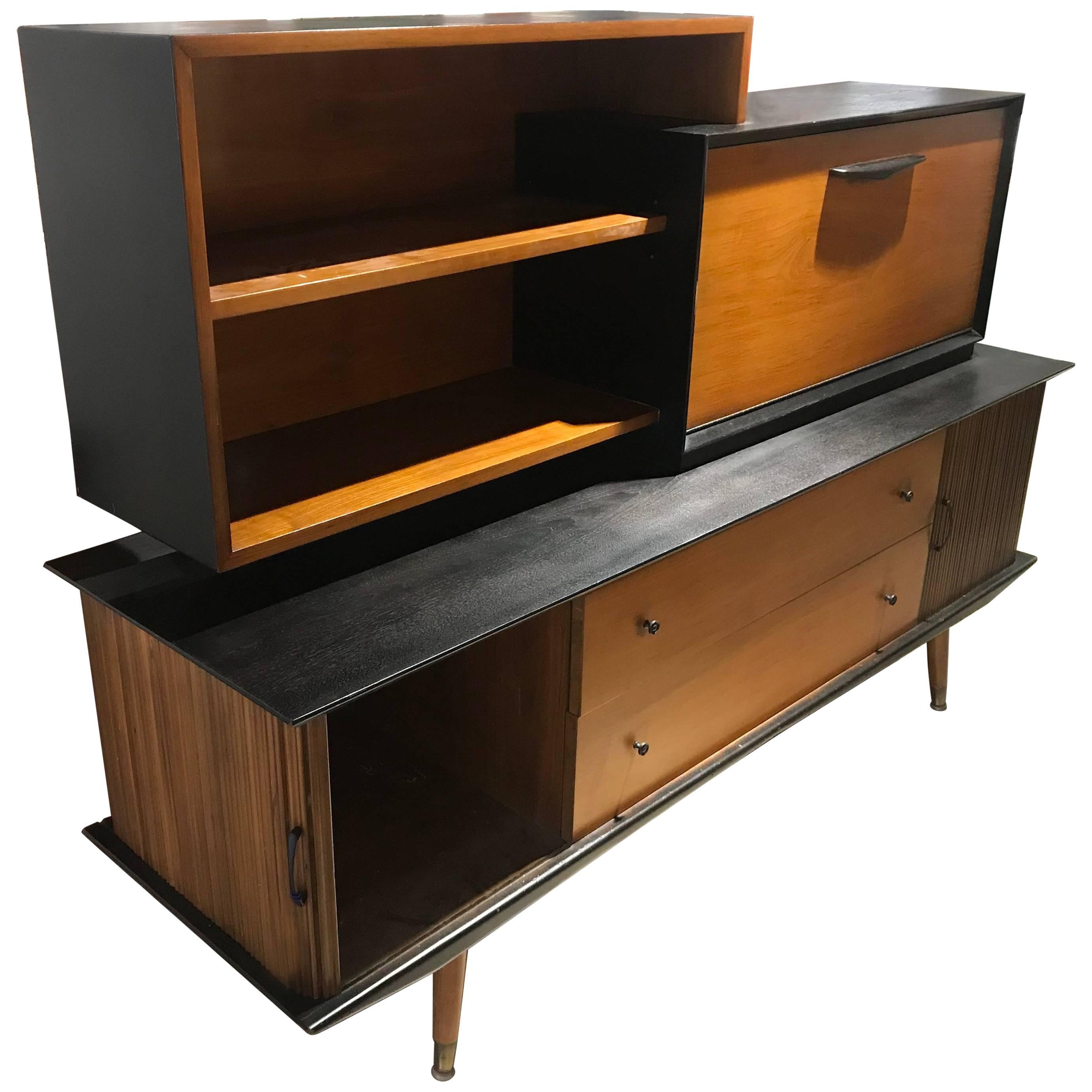 Modern Black and Walnut Tambour Door Credenza with a Bar Hutch
