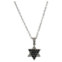 Modern Black and White Diamond Star of David Pendant Necklace 14K White Gold