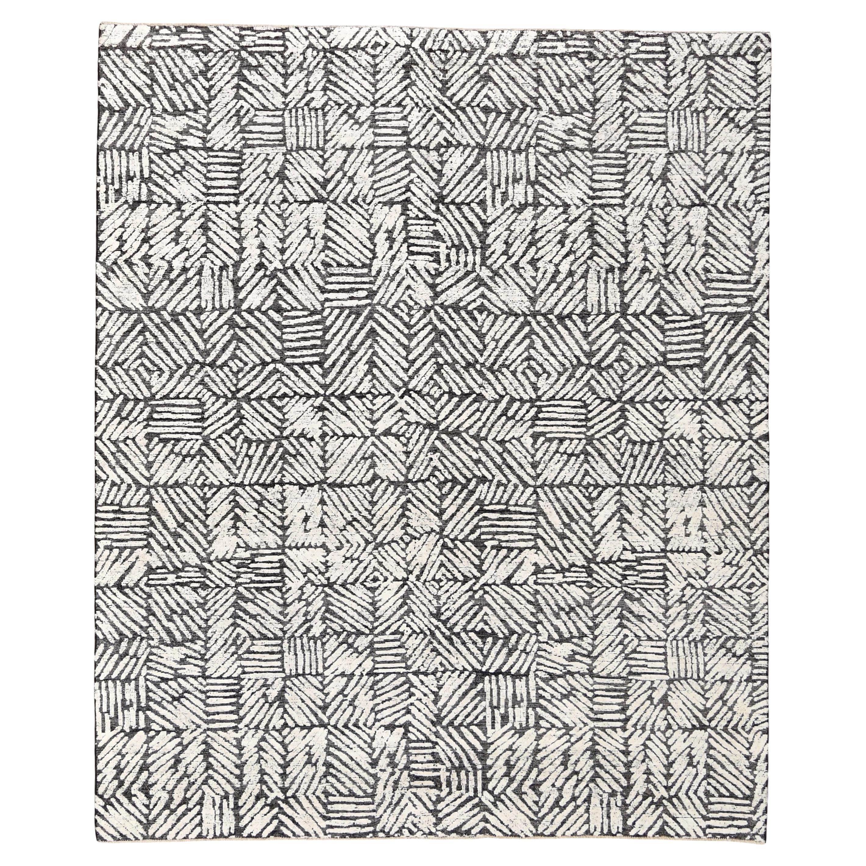 Modern Black and White Geometric Wool Blend Rug 8'3''x9'11''