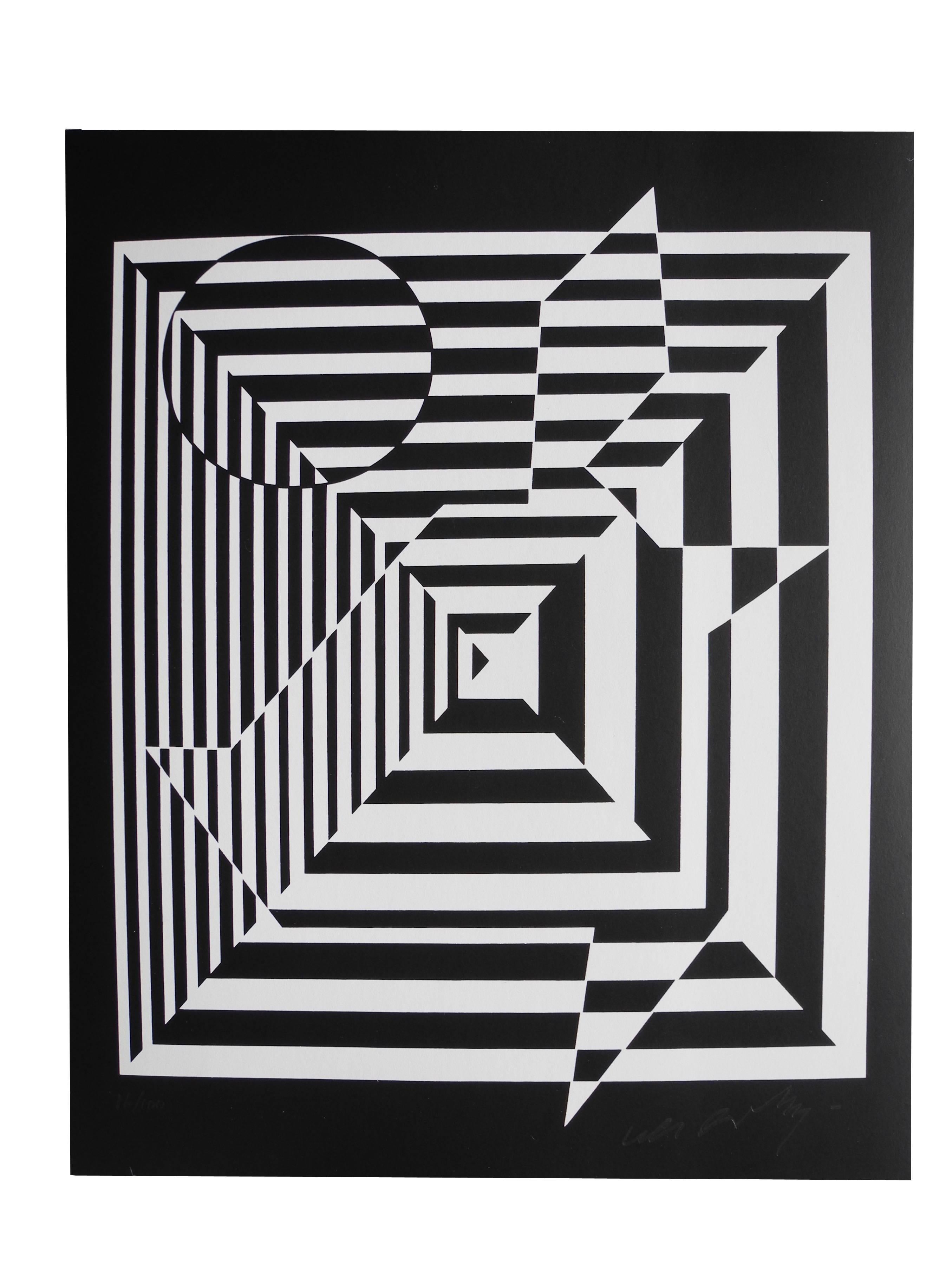 Swiss Modern Black and White Optical Pop Art Lithographs by Victor Vasarely For Sale