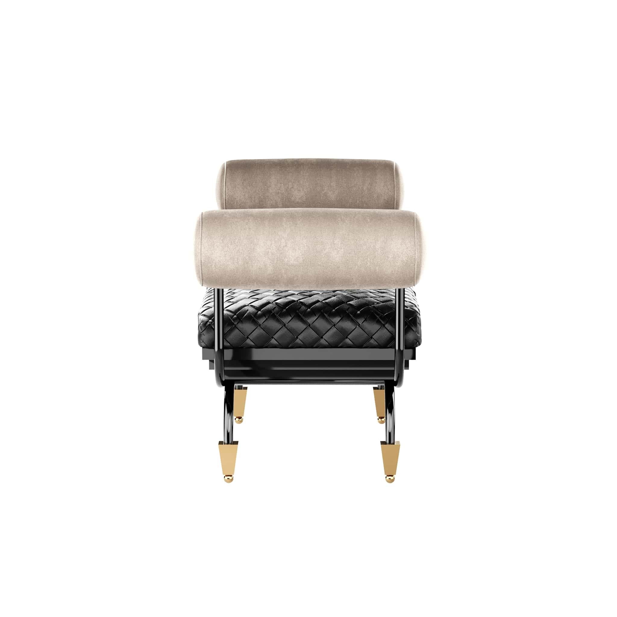 Portuguese Modern Black Braided Leather Bench W/ Suede Arms & Polished Brass Legs For Sale