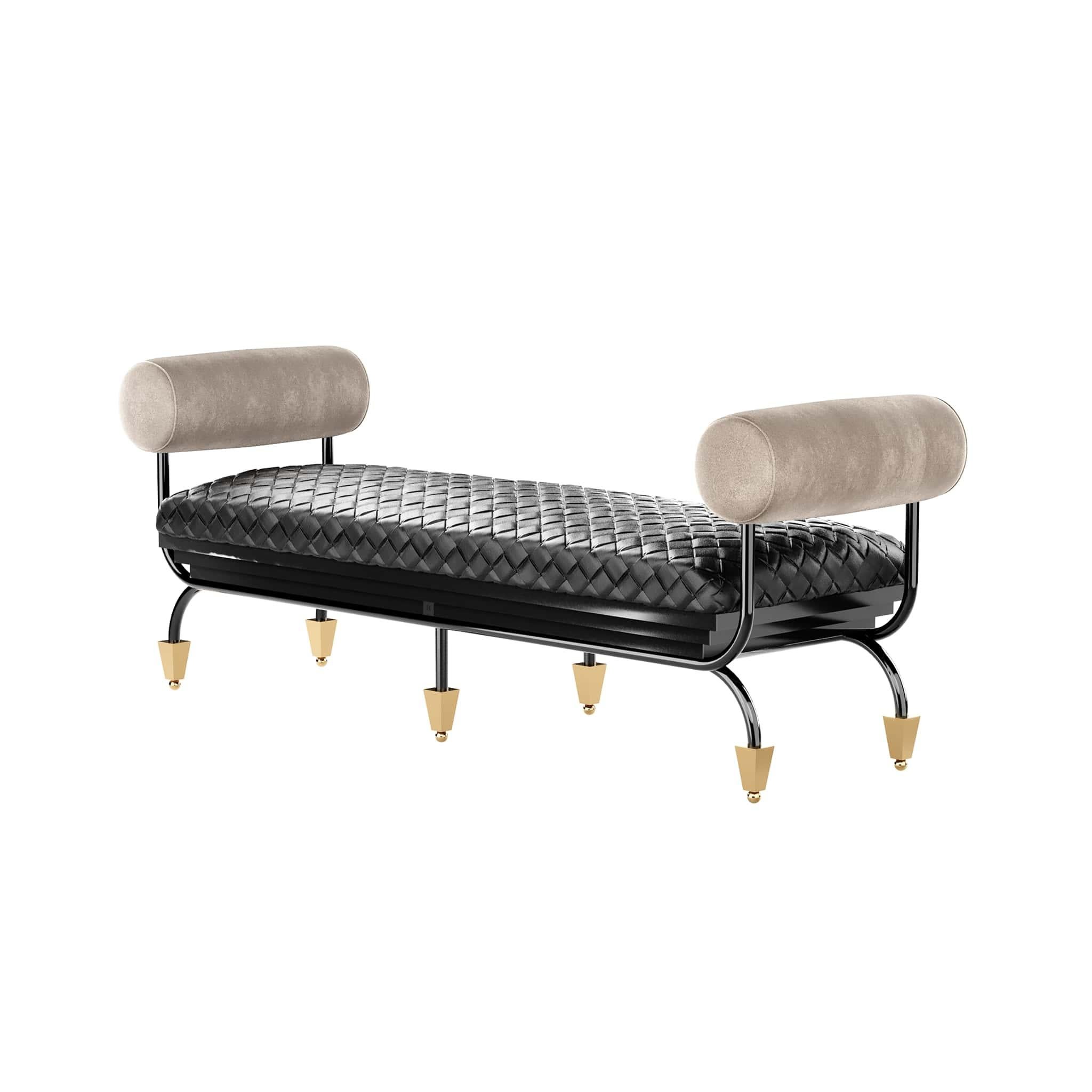 Hand-Crafted Modern Black Braided Leather Bench W/ Suede Arms & Polished Brass Legs For Sale