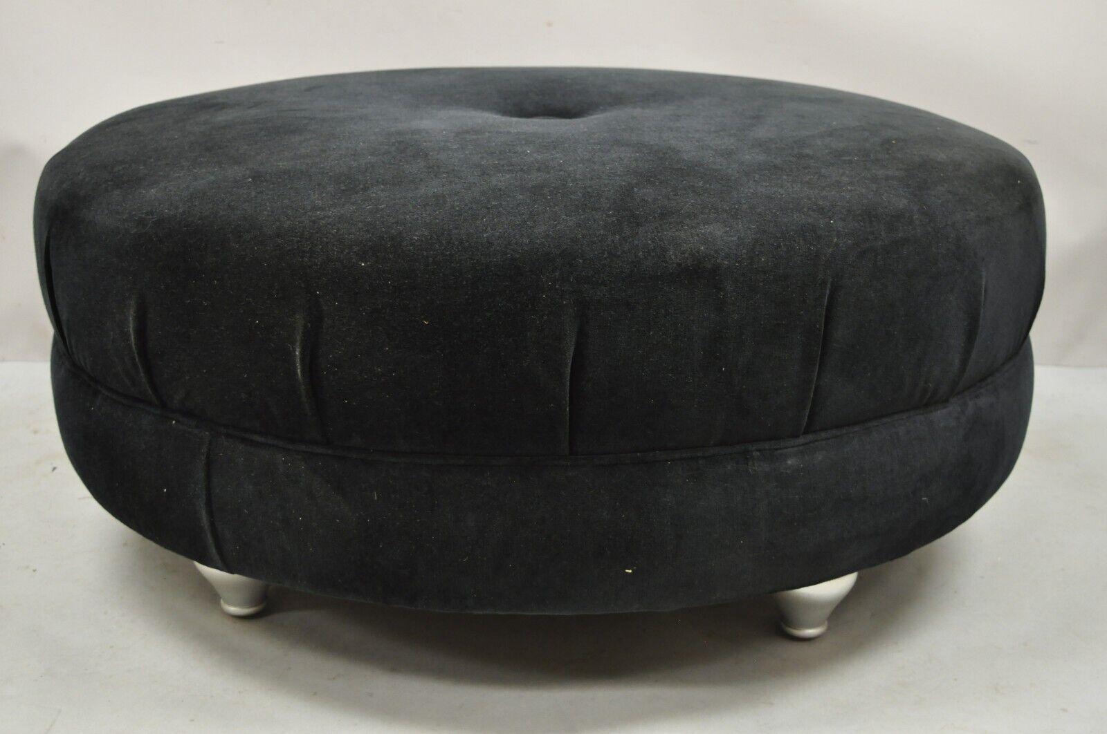 Modern Black Button Tufted Round Ottoman Silver Legs by Carter For Sale 3