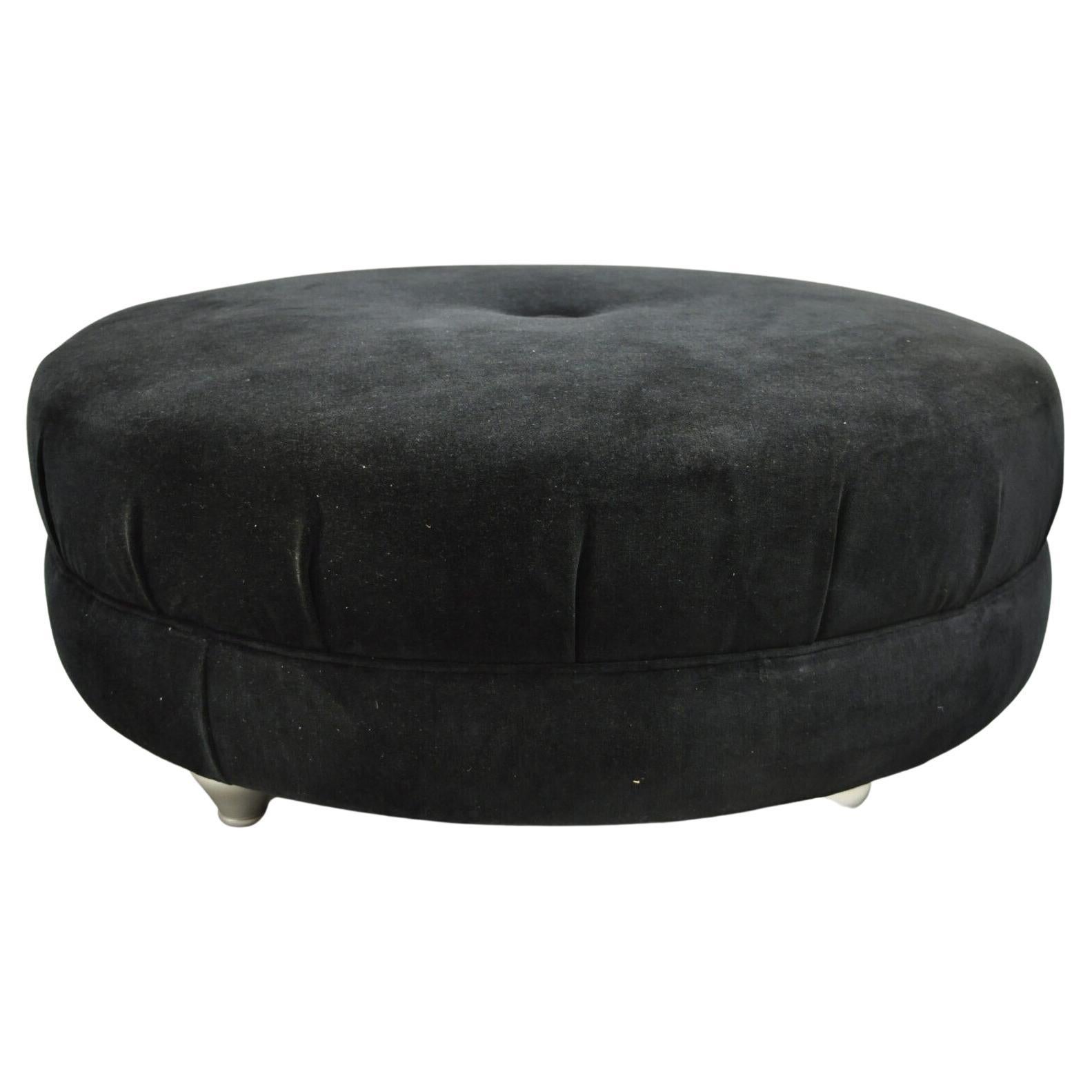 Modern Black Button Tufted Round Ottoman Silver Legs by Carter For Sale