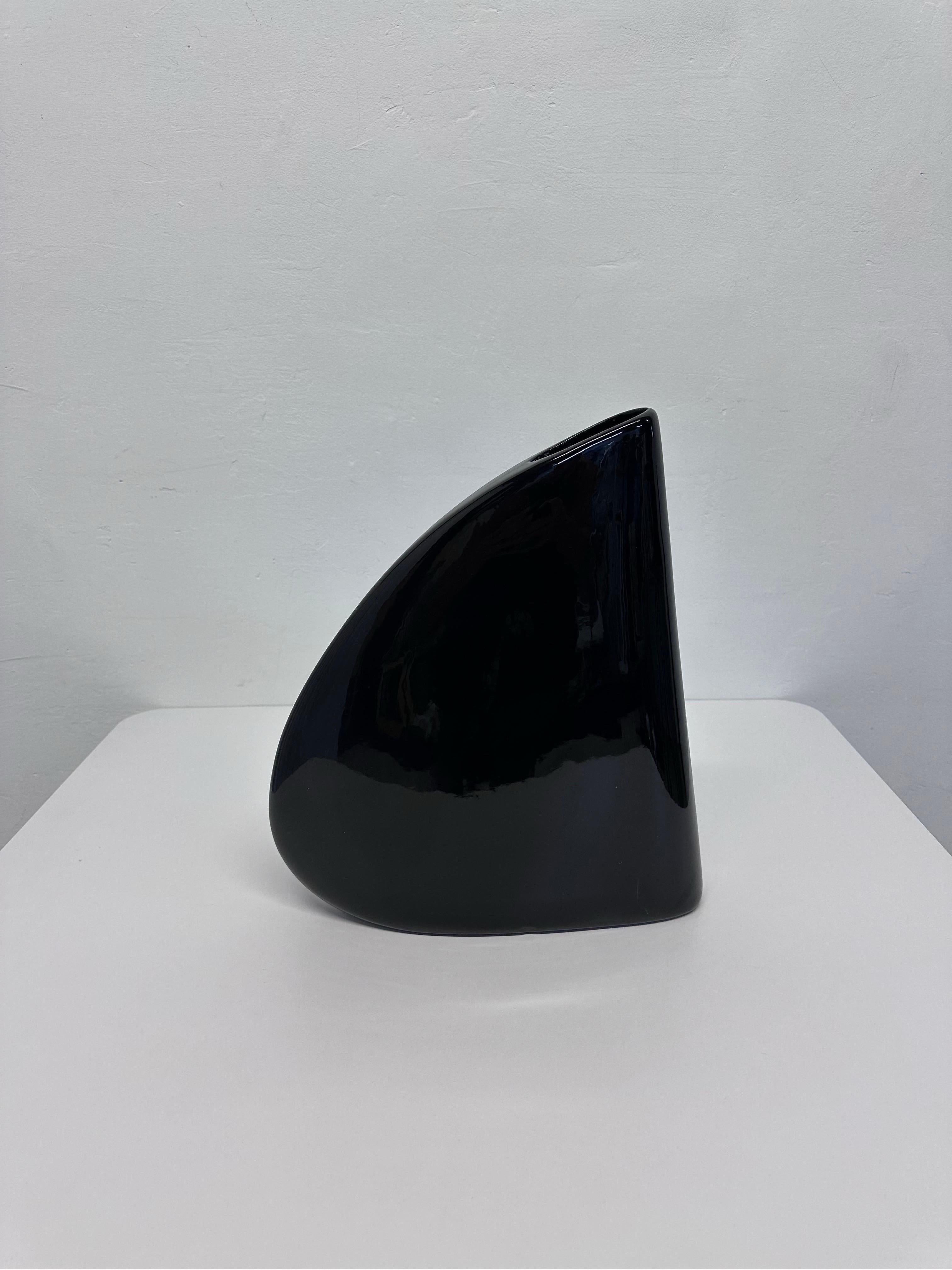 Sleek modern black enameled ceramic vase by Haeger, 1985.