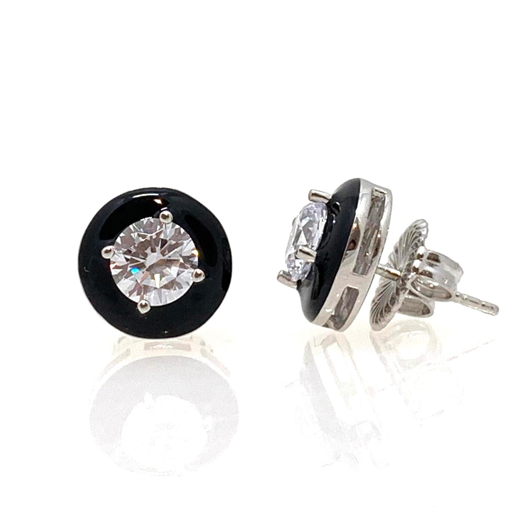 Contemporary Modern Black Enamel 1ct Round Simulated Diamond Stud Sterling Silver Earrings For Sale