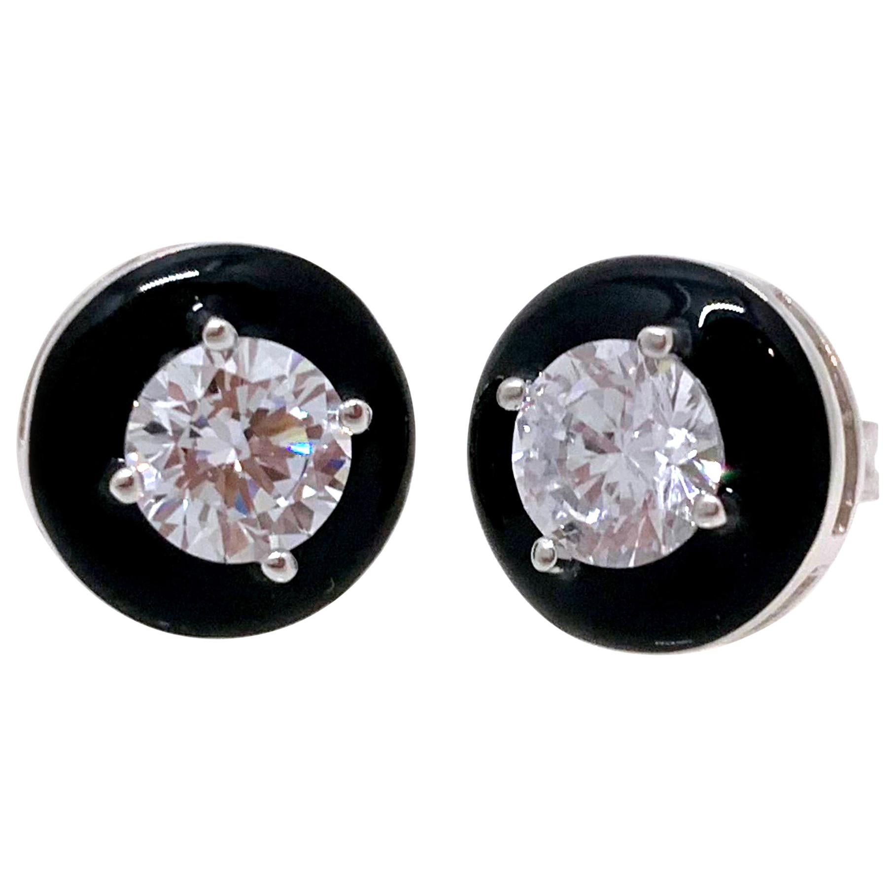 Modern Black Enamel 1ct Round Simulated Diamond Stud Sterling Silver Earrings For Sale