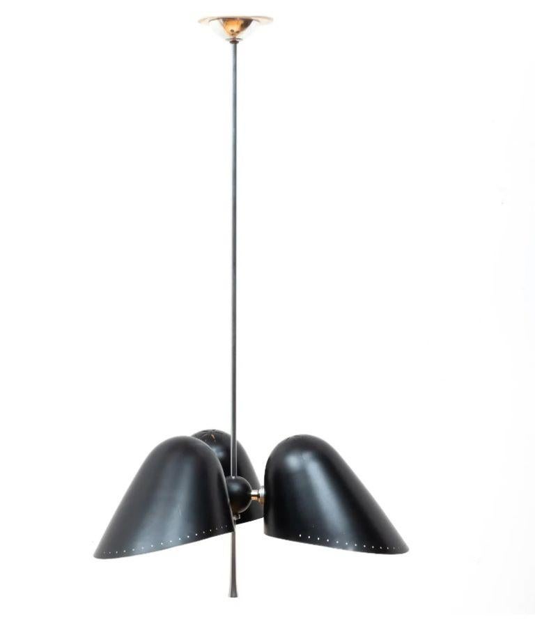 Contemporary Modern Black Enamel and Chrome Three-Light Pendant