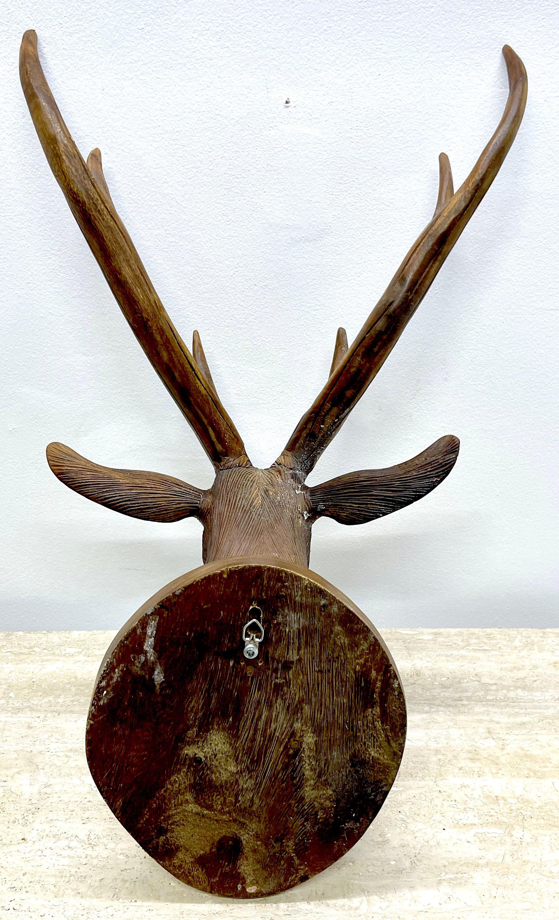 Swiss Modern Black Forrest Carved Walnut 6, Point Deer Shoulder Mount For Sale