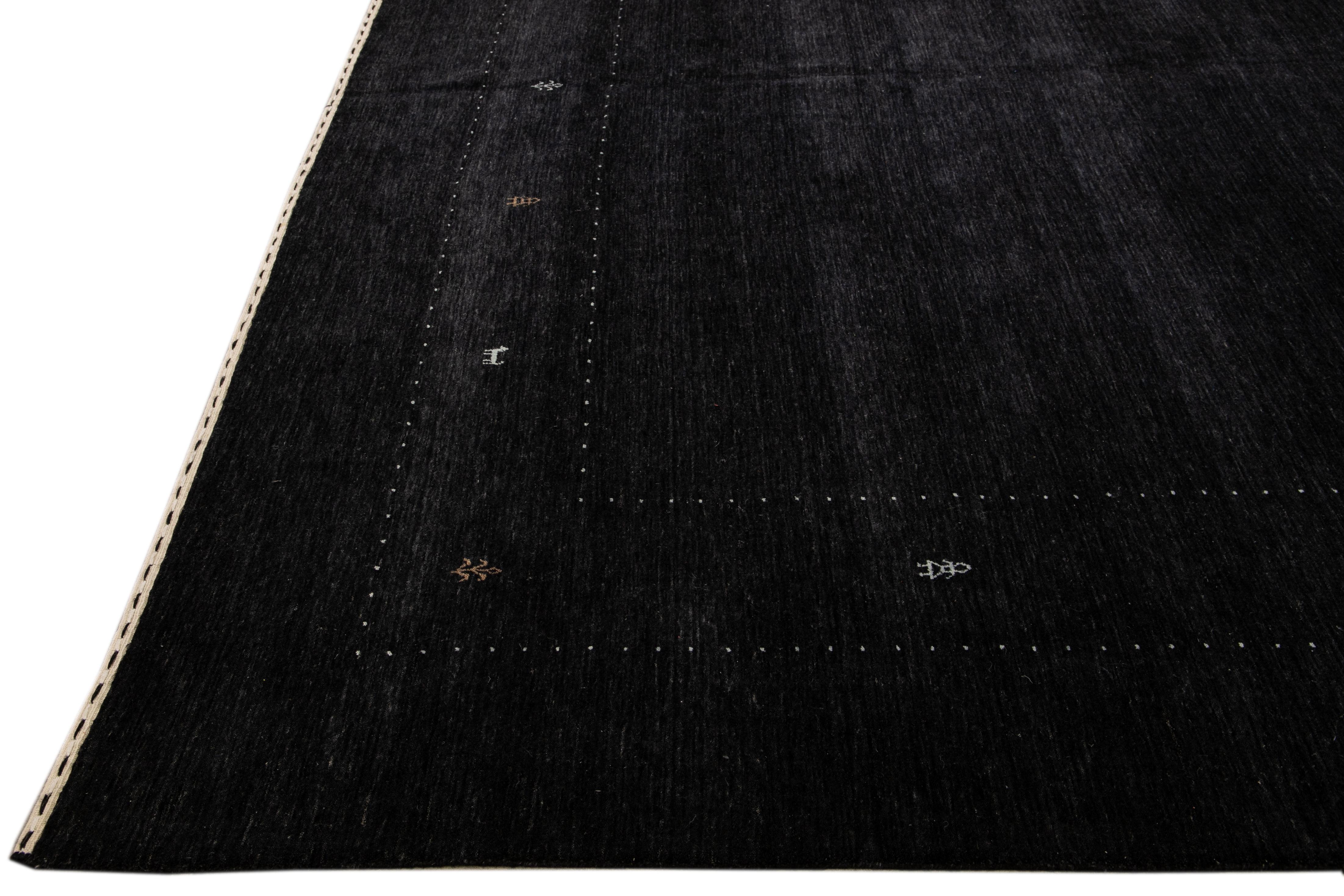 Pakistani Modern Black Gabbeh Style Hand-Loom Minimalism Pattern Wool Rug For Sale