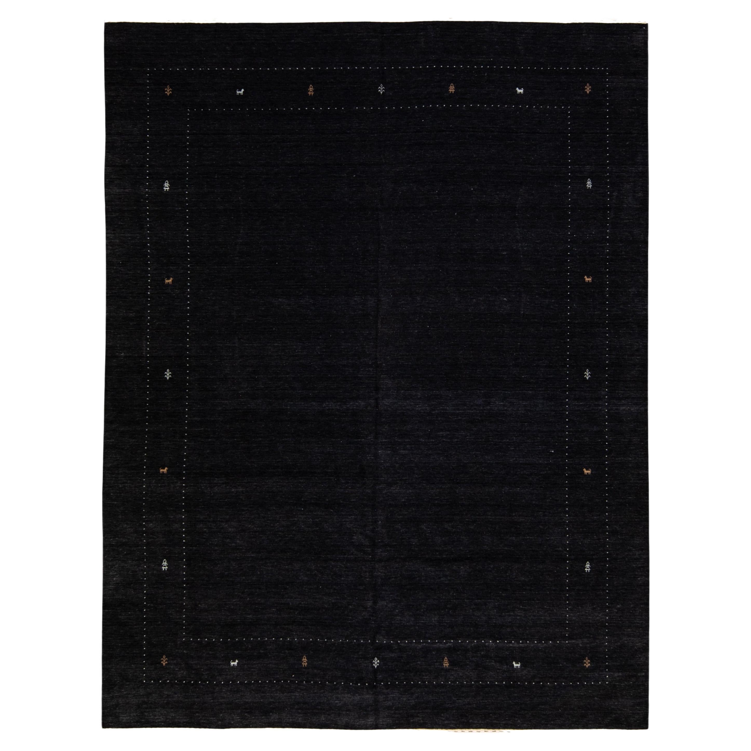 Modern Black Gabbeh Style Hand-Loom Minimalism Pattern Wool Rug