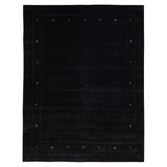 Modern Black Gabbeh Style Hand-Loom Minimalism Pattern Wool Rug