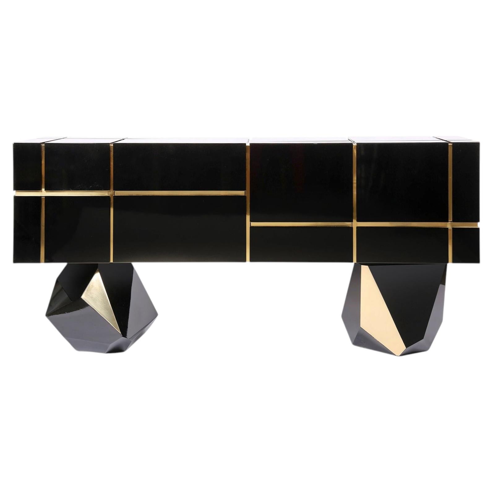 Modern Black, Gold, White, Brass Custom Console Credenza in High Gloss For Sale