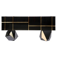 Modern Black, Gold, White, Brass Custom Console Credenza in High Gloss