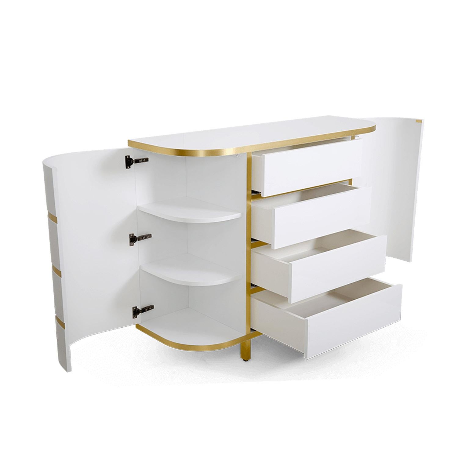 Européen Buffet moderne arrondi en laiton noir, blanc, or et noir brillant avec tiroirs en vente