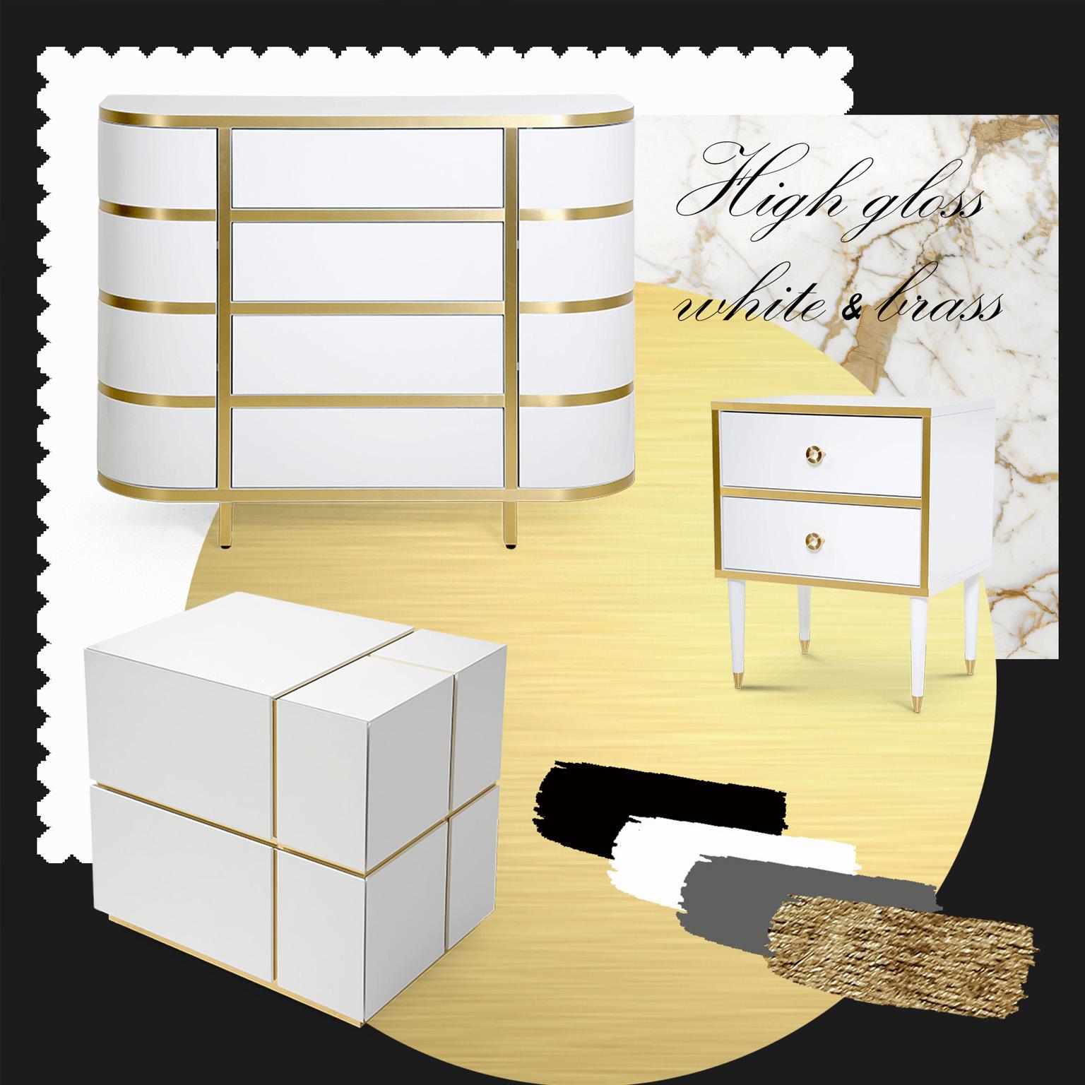 Modernes modernes Sideboard mit Schubladen in Schwarz, Weiß, Gold und Messing, hochglänzend rund (Holz) im Angebot