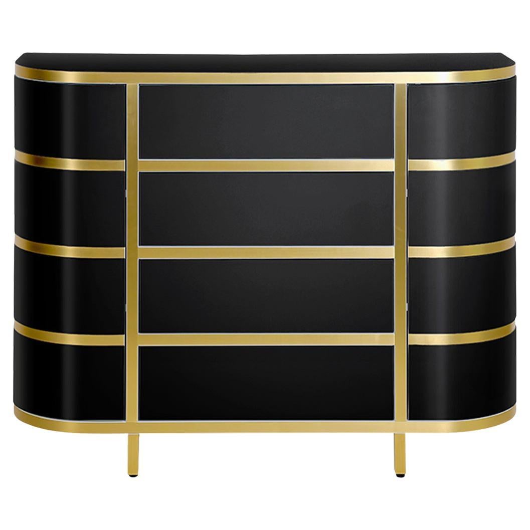 Modern Black, White, Gold, Brass High Gloss Rounded Sideboard with drawers
