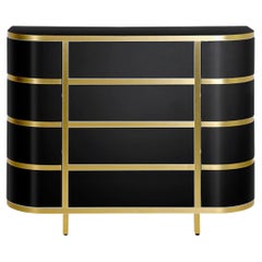 Modernes modernes Sideboard mit Schubladen in Schwarz, Weiß, Gold und Messing, hochglänzend rund