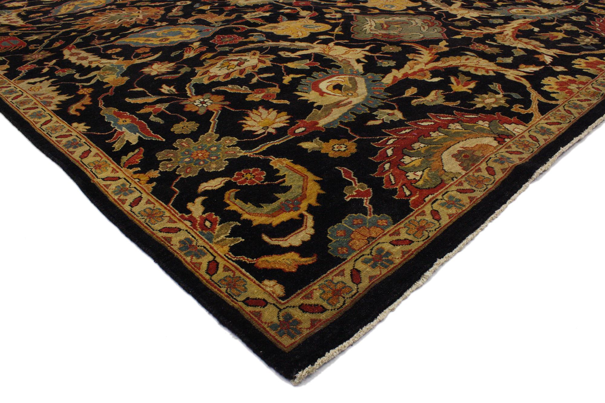 30173 Modern Black Indian Mahal Rug, 08’09 x 11’10. Modern Indian Mahal rugs are contemporary interpretations of traditional Persian Mahal rugs, featuring intricate floral and geometric designs with a central medallion and vibrant colors. Skilled