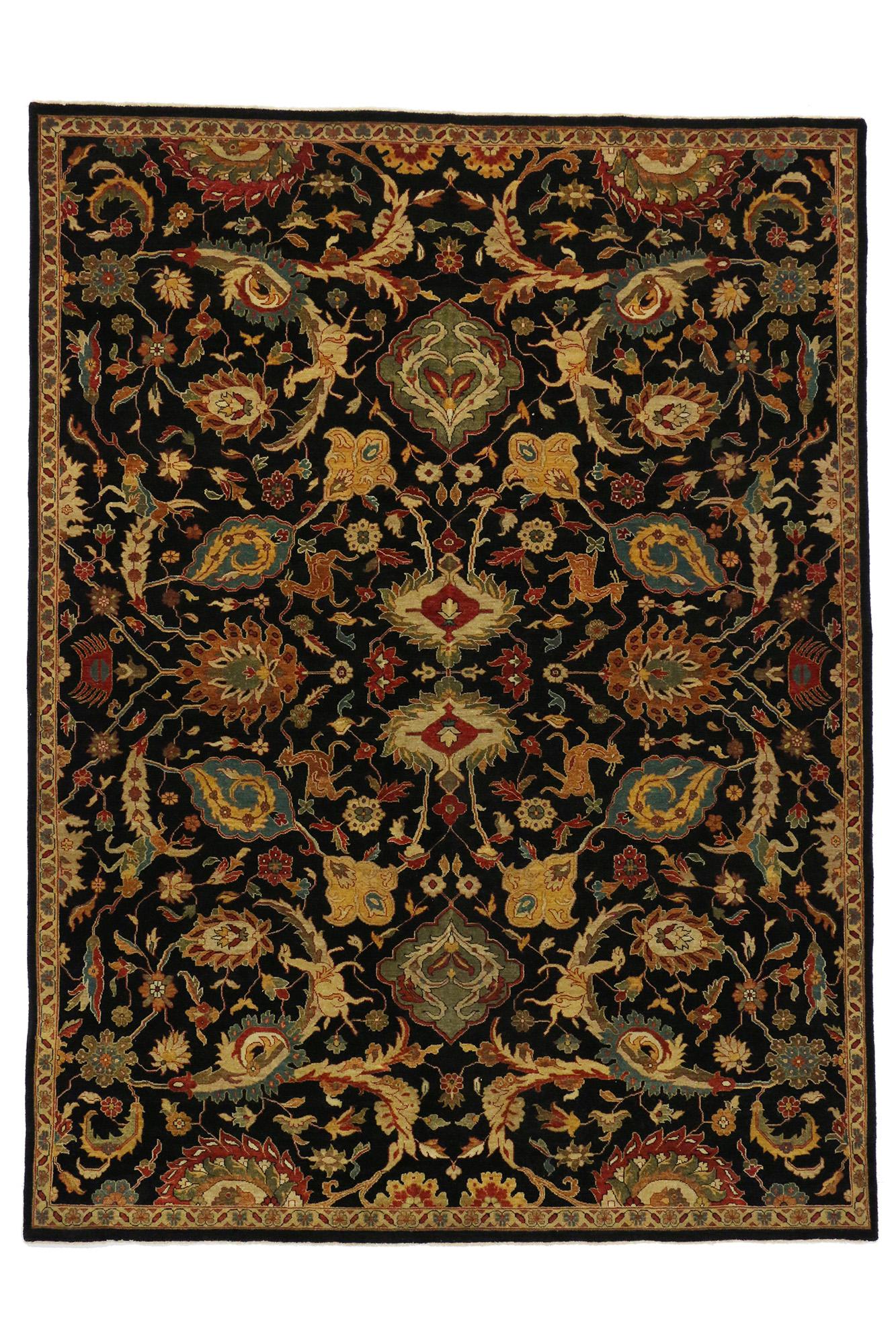 Hand-Knotted Modern Black Indian Mahal Rug, Biophilic Design Meets Blooming Midnight Garden For Sale