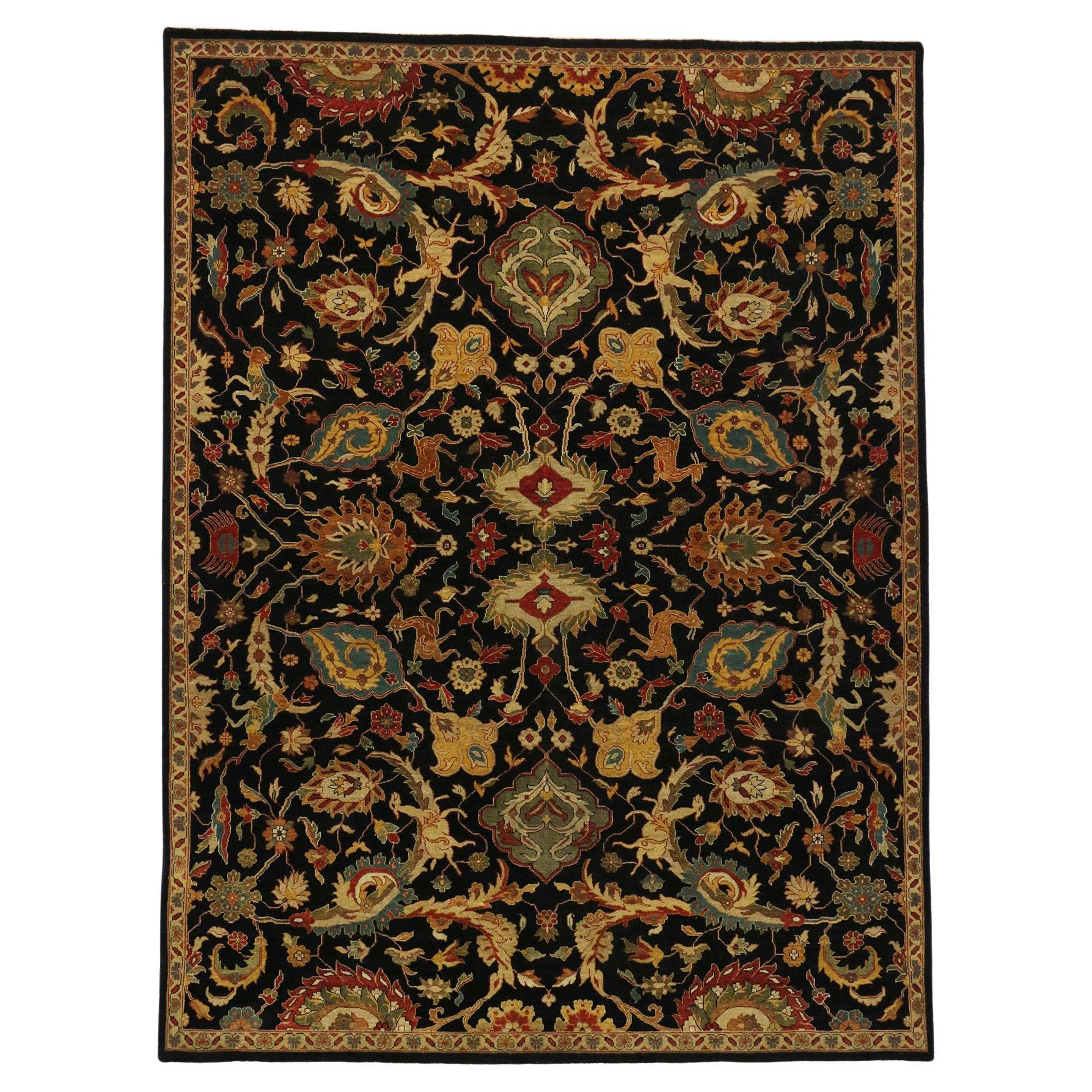 Modern Black Indian Mahal Rug, Biophilic Design Meets Blooming Midnight Garden