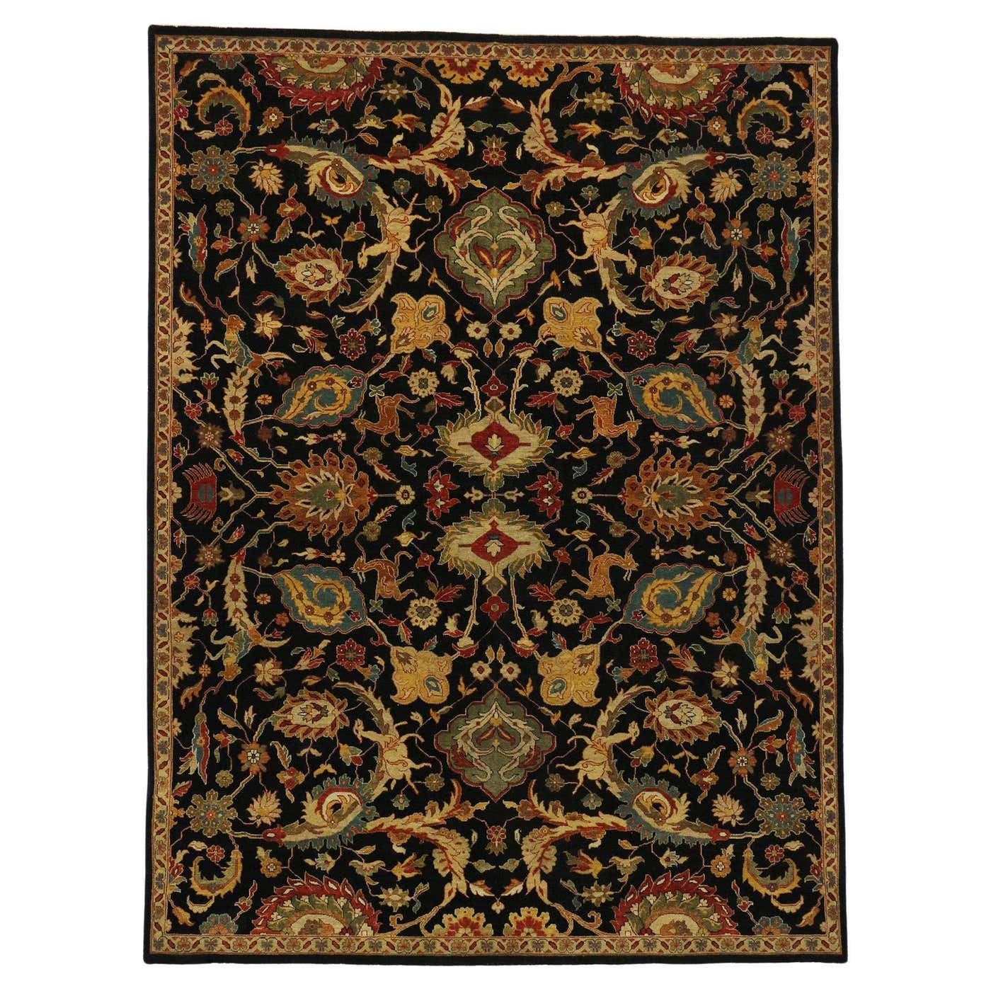 Modern Black Indian Mahal Rug, Biophilic Design Meets Blooming Midnight ...