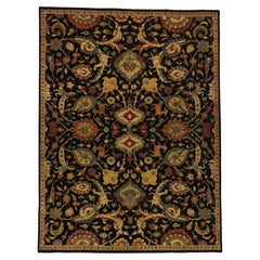 Modern Black Indian Mahal Rug, Biophilic Design Meets Blooming Midnight Garden