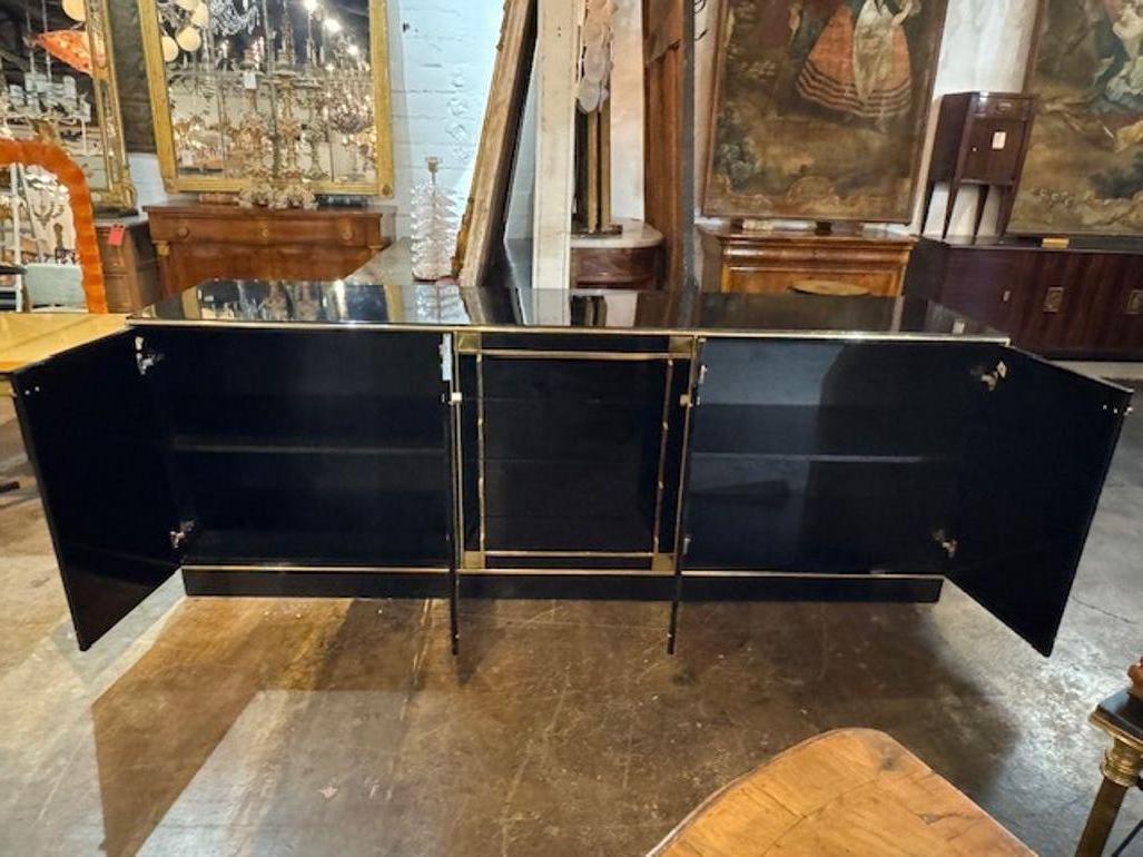 Contemporary Modern Black Lacquer and Brass Sideboard After Pierre Cardin For Sale