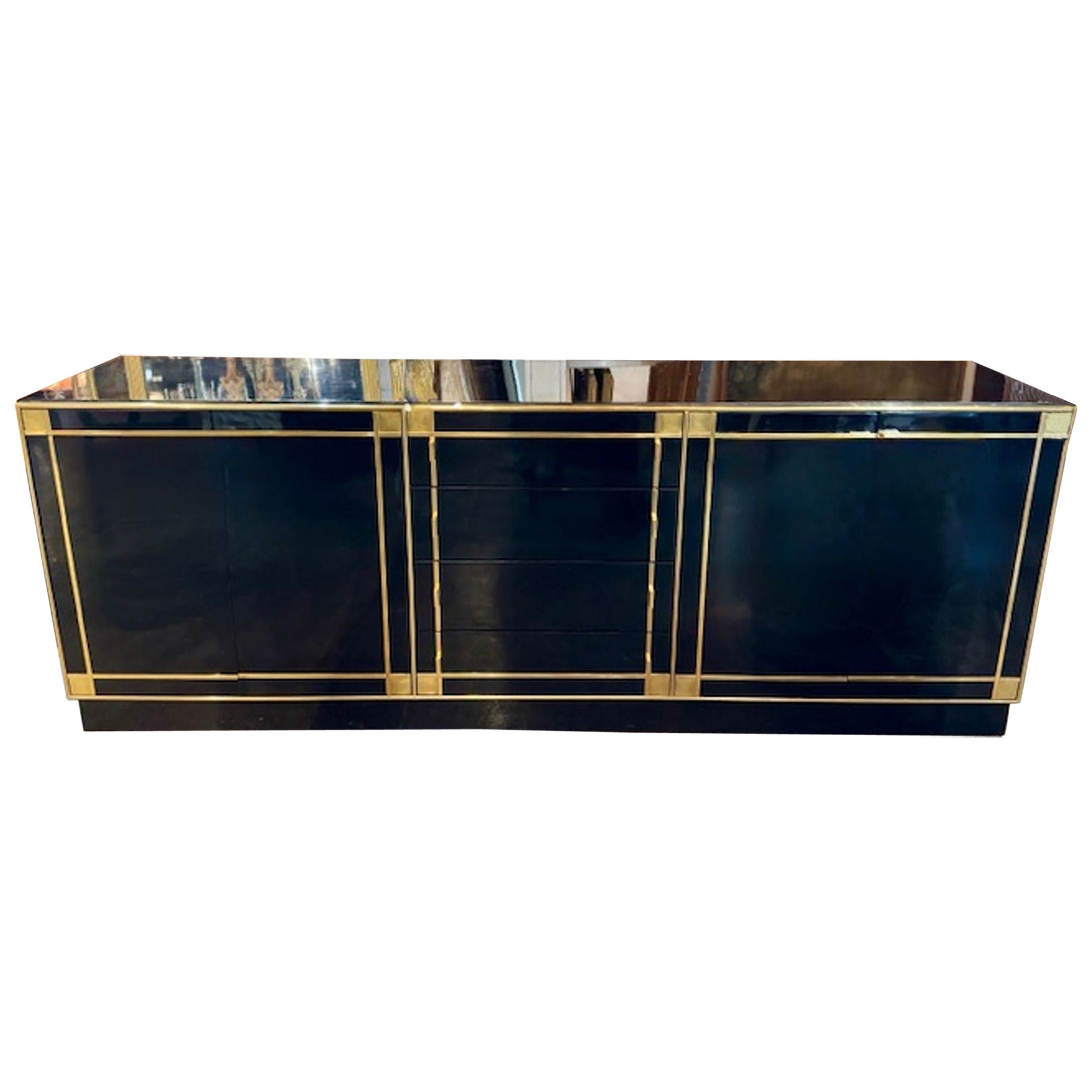 Modern Black Lacquer and Brass Sideboard After Pierre Cardin For Sale