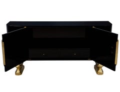 Modern Black Lacquer Brass Accented Credenza Buffet Sideboard