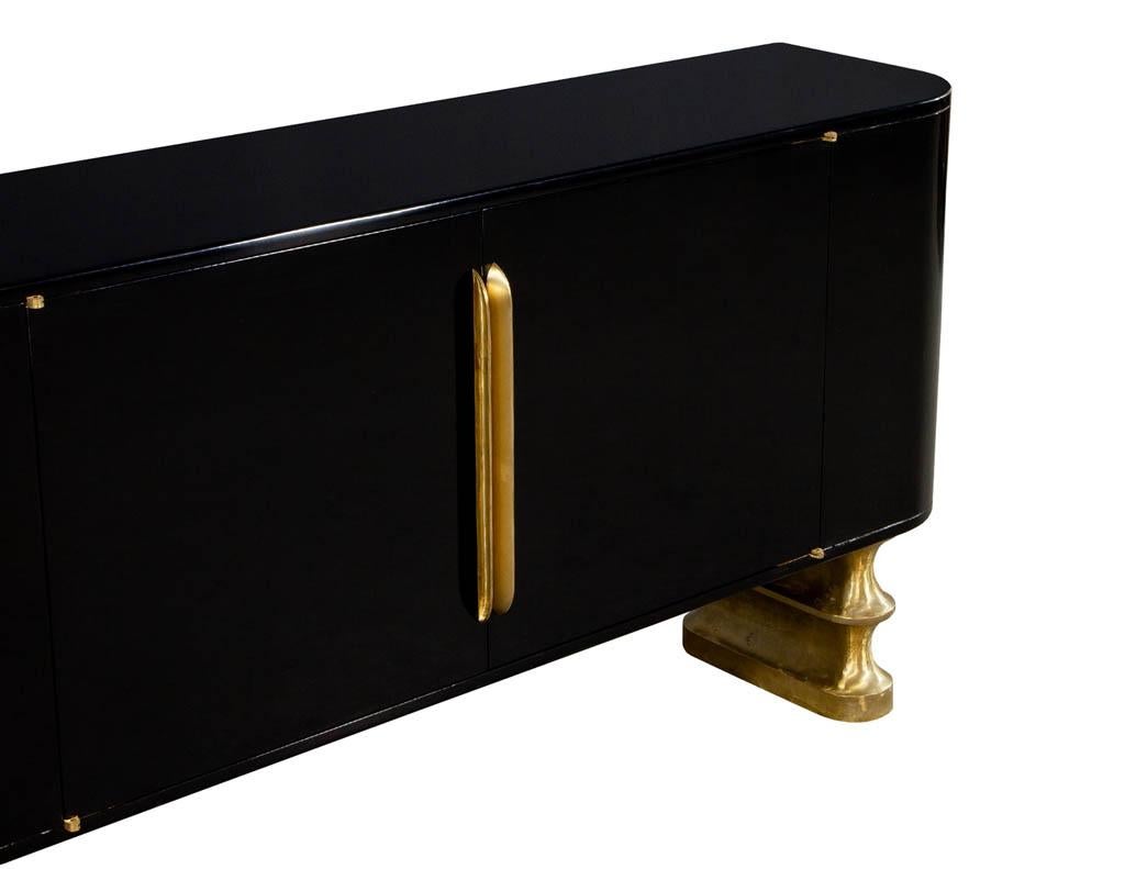 American Modern Black Lacquer Brass Accented Credenza Buffet Sideboard