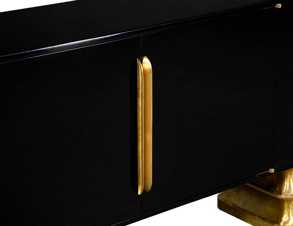 Modern Black Lacquer Brass Accented Credenza Buffet Sideboard In Excellent Condition In North York, ON
